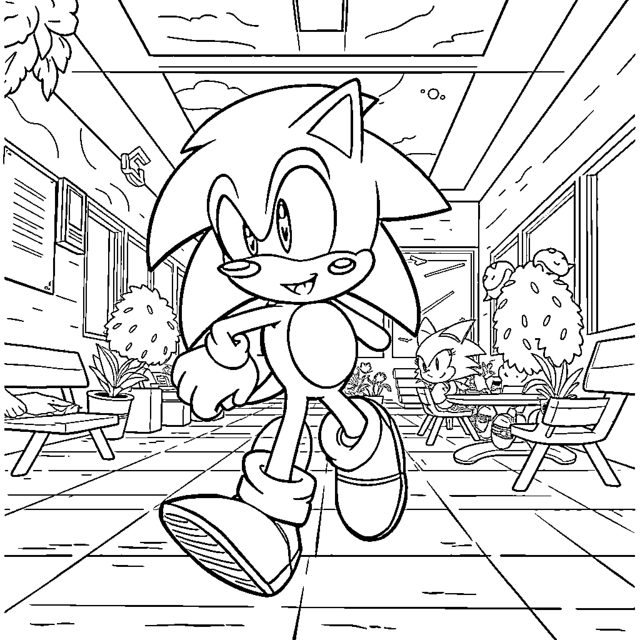 Sonic's Lively Outdoor Adventure Coloring Page (free black-and-white line drawing printable PDF for all, from beginners to advanced learners, including children, teens, adults, and seniors)