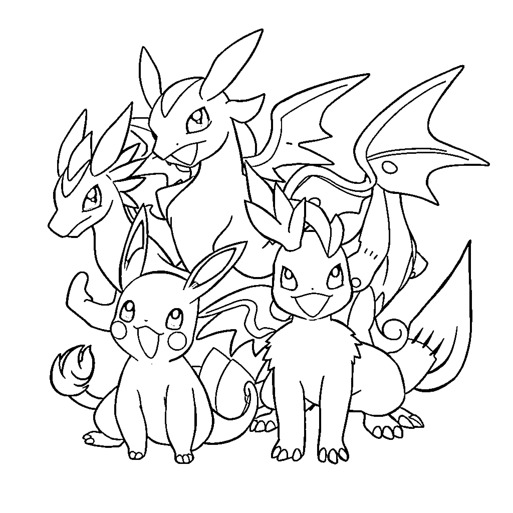 Pokémon group posing together cheerfully Coloring Page (free black-and-white line drawing printable PDF for all, from beginners to advanced learners, including children, teens, adults, and seniors)