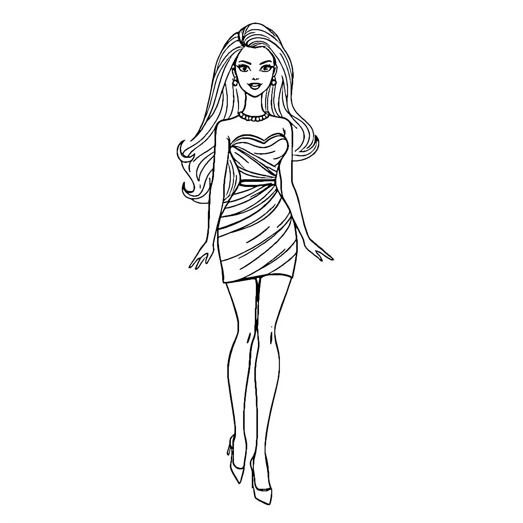 Barbie dressed in a stylish gown Coloring Page (free black-and-white line drawing printable PDF for all, from beginners to advanced learners, including children, teens, adults, and seniors)