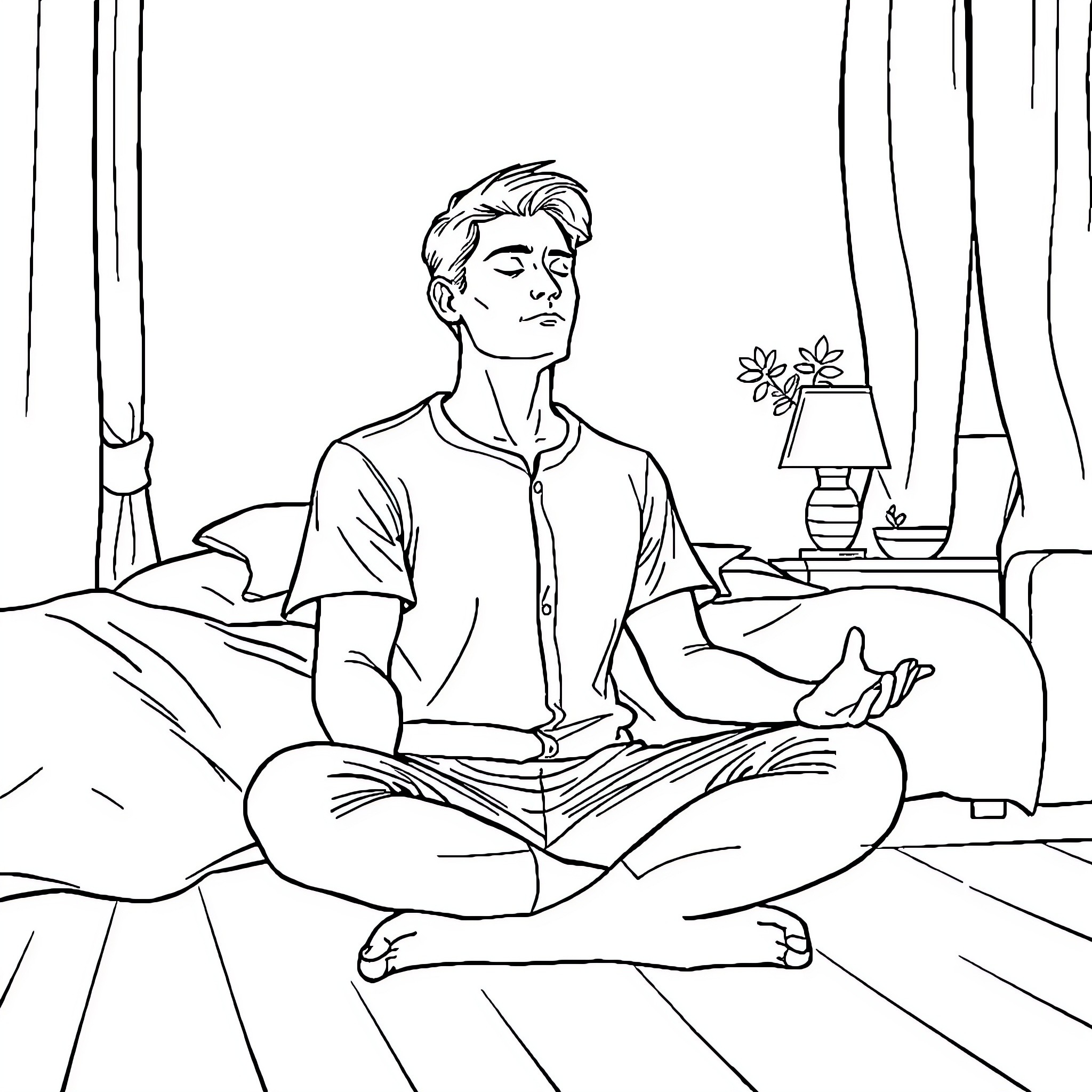 Man practicing mindful meditation in bedroom Coloring Page (free black-and-white line drawing printable PDF for all, from beginners to advanced learners, including children, teens, adults, and seniors)