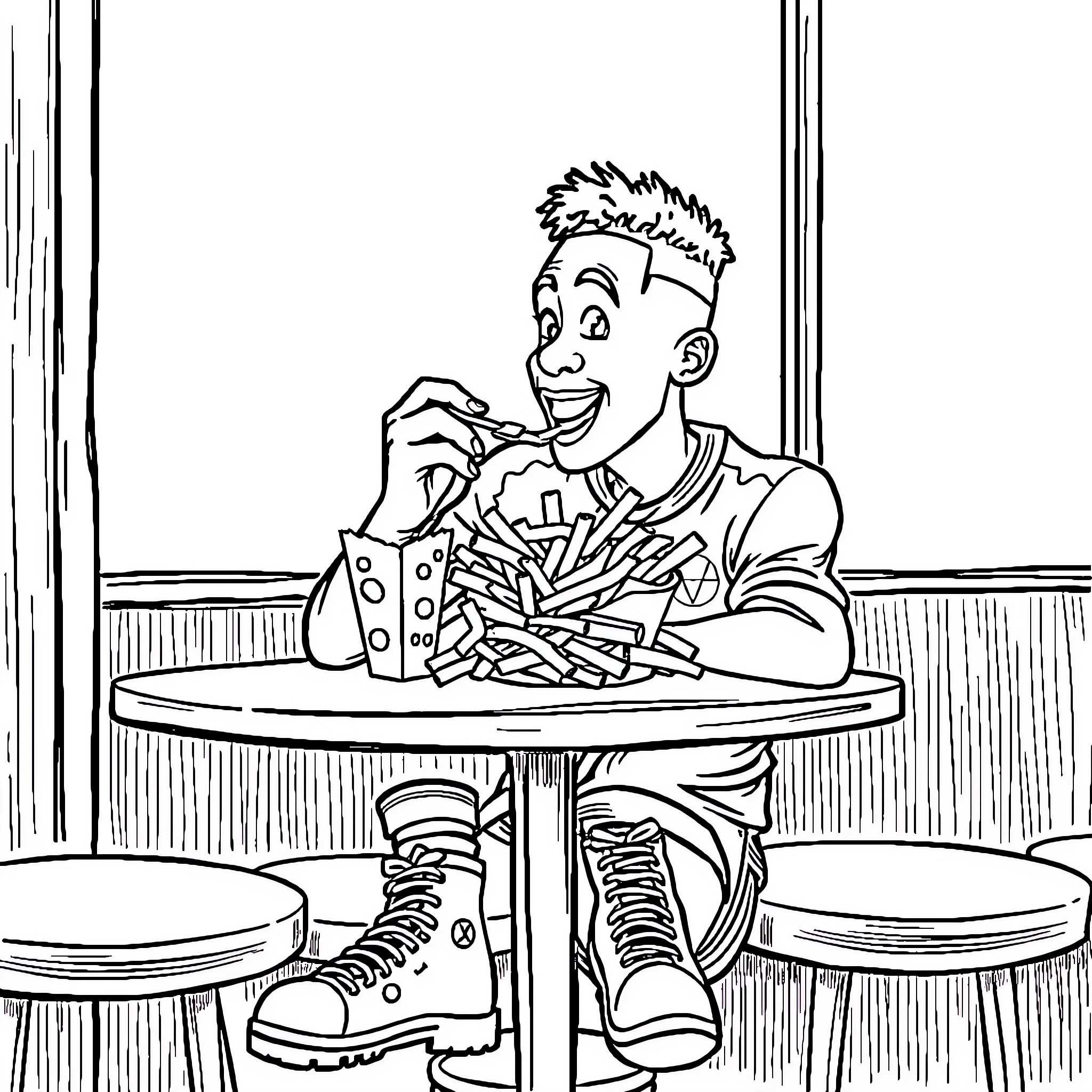 Mbappe enjoying fast food in a cafe Coloring Page (free black-and-white line drawing printable PDF for all, from beginners to advanced learners, including children, teens, adults, and seniors)