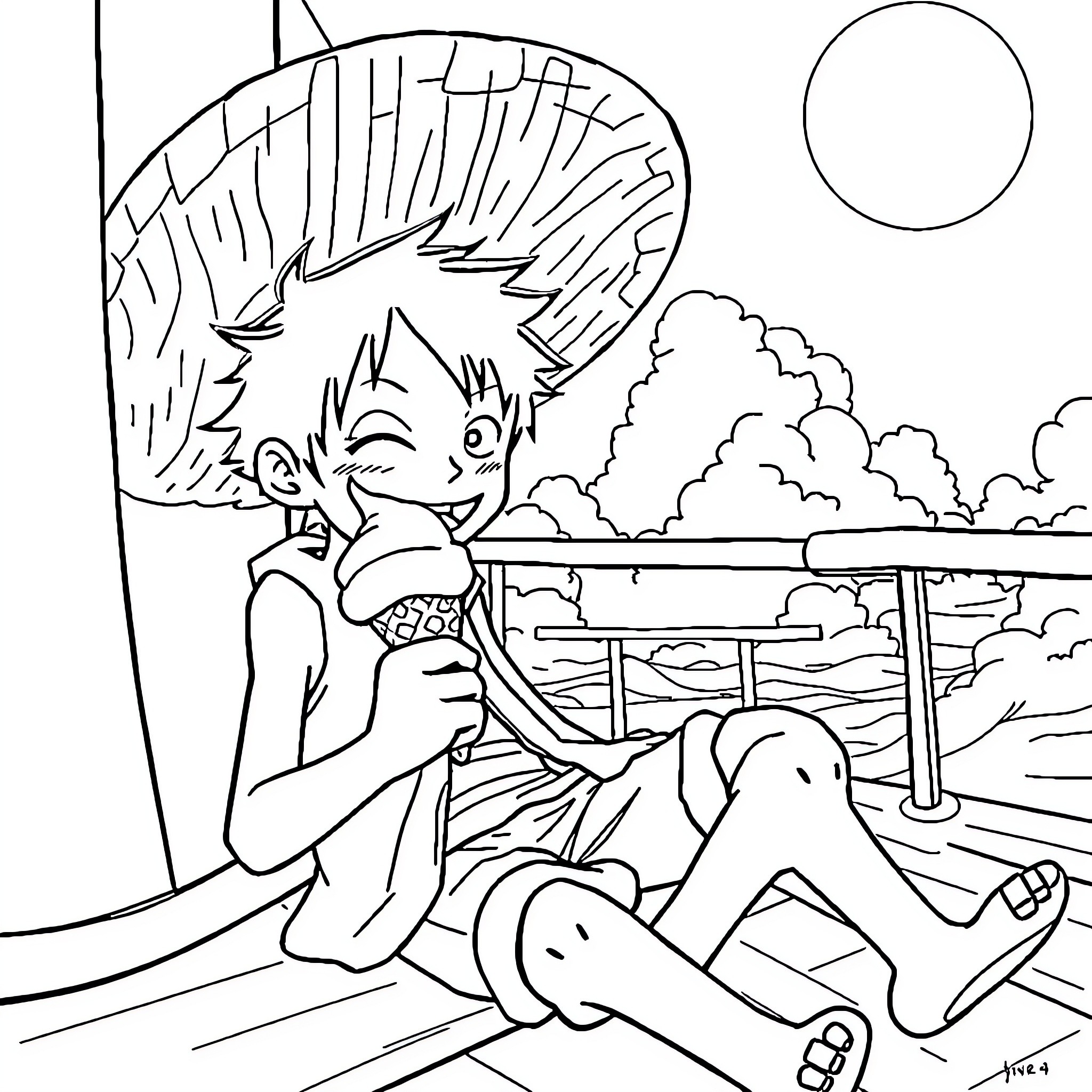 Luffy relaxing on a ship under the night sky Coloring Page (free black-and-white line drawing printable PDF for all, from beginners to advanced learners, including children, teens, adults, and seniors)