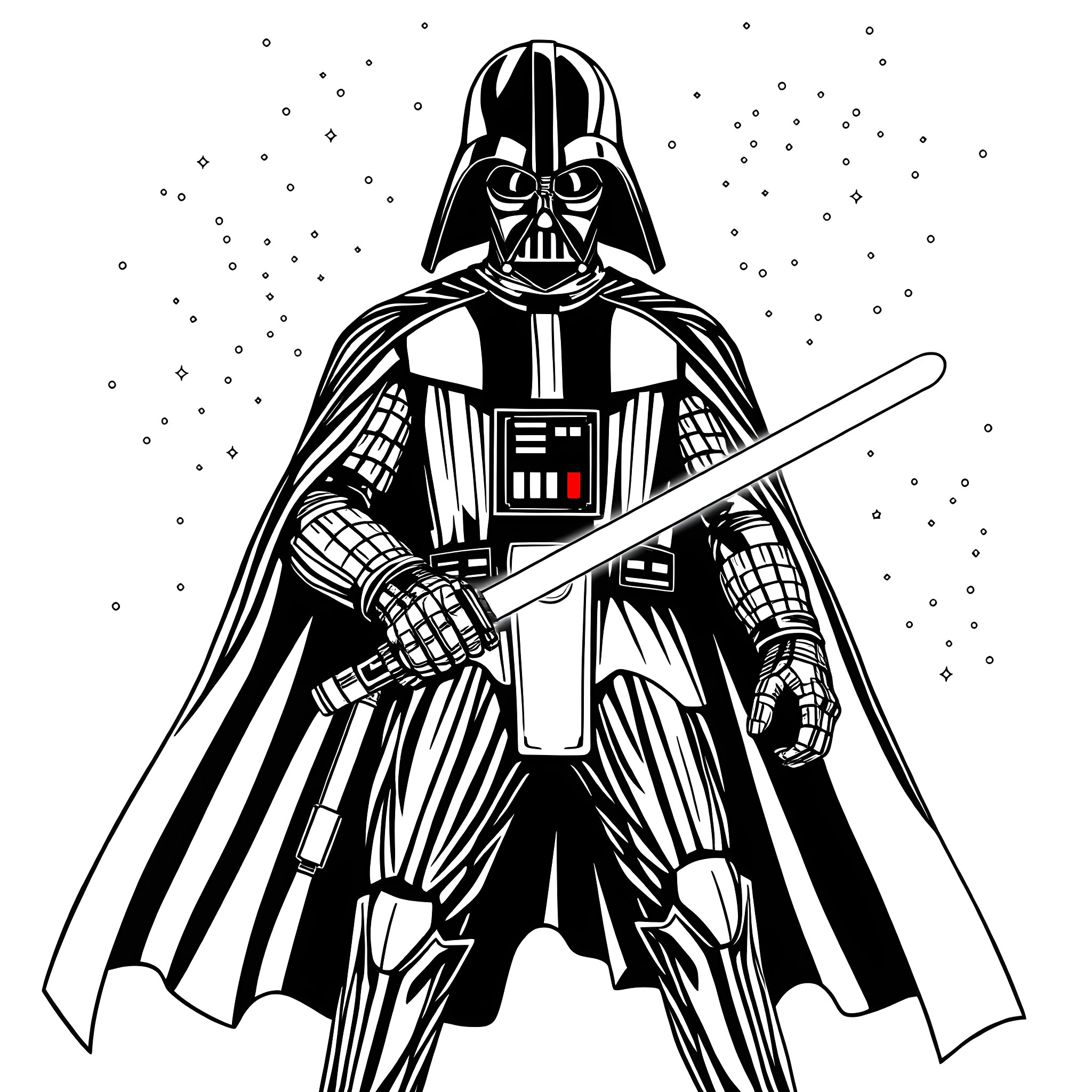 Darth Vader wielding his iconic lightsaber in the starry night Coloring Page (free black-and-white line drawing printable PDF for all, from beginners to advanced learners, including children, teens, adults, and seniors)
