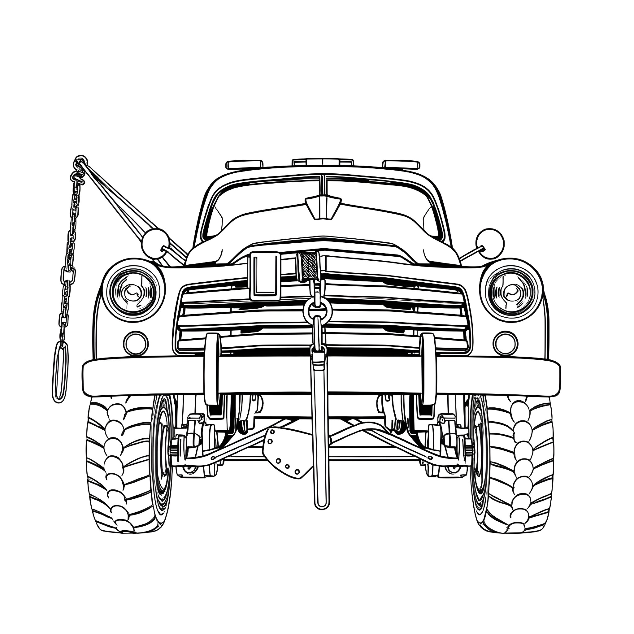 Tow Truck in Front View with Detailed Exterior Coloring Page (free black-and-white line drawing printable PDF for all, from beginners to advanced learners, including children, teens, adults, and seniors)