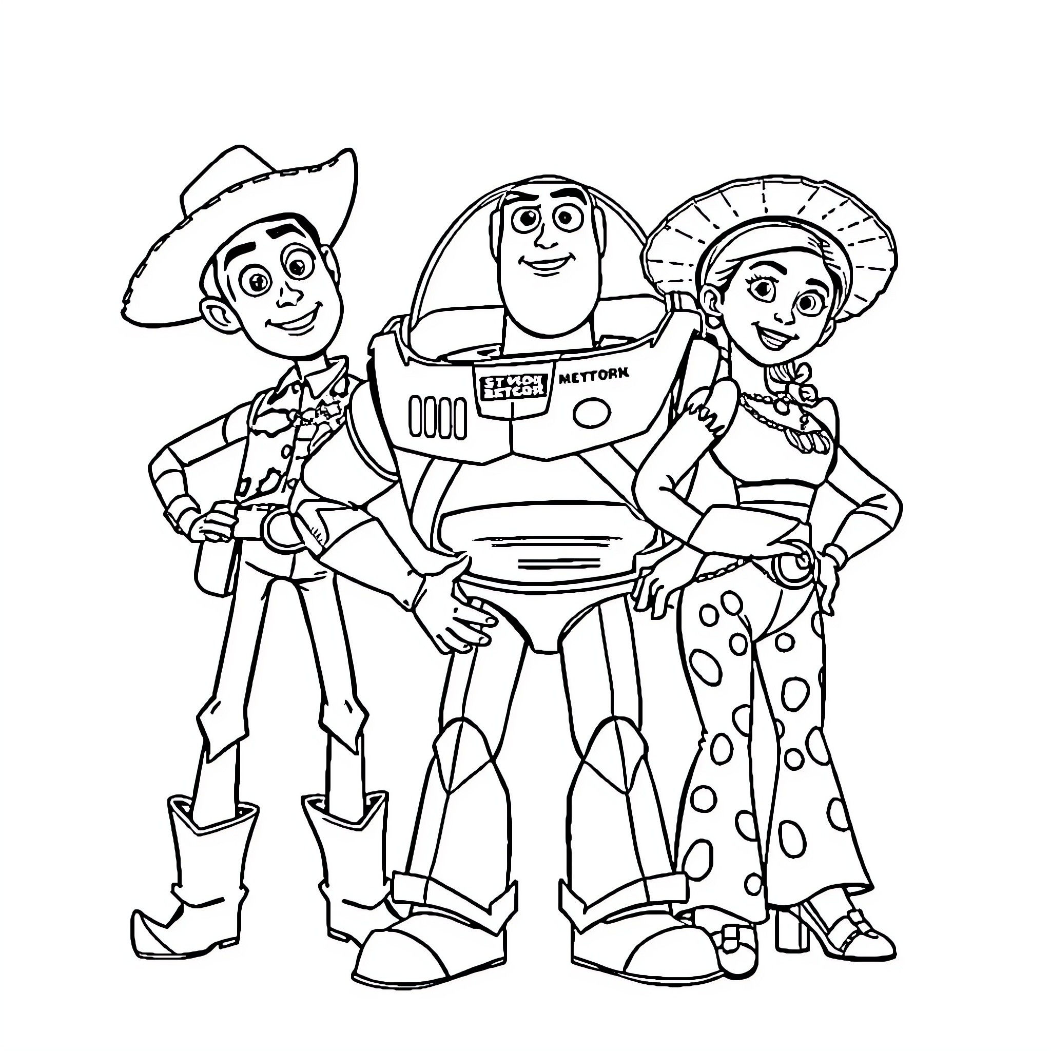 Toy Story Characters in Cowboy Outfits Coloring Page (free black-and-white line drawing printable PDF for all, from beginners to advanced learners, including children, teens, adults, and seniors)