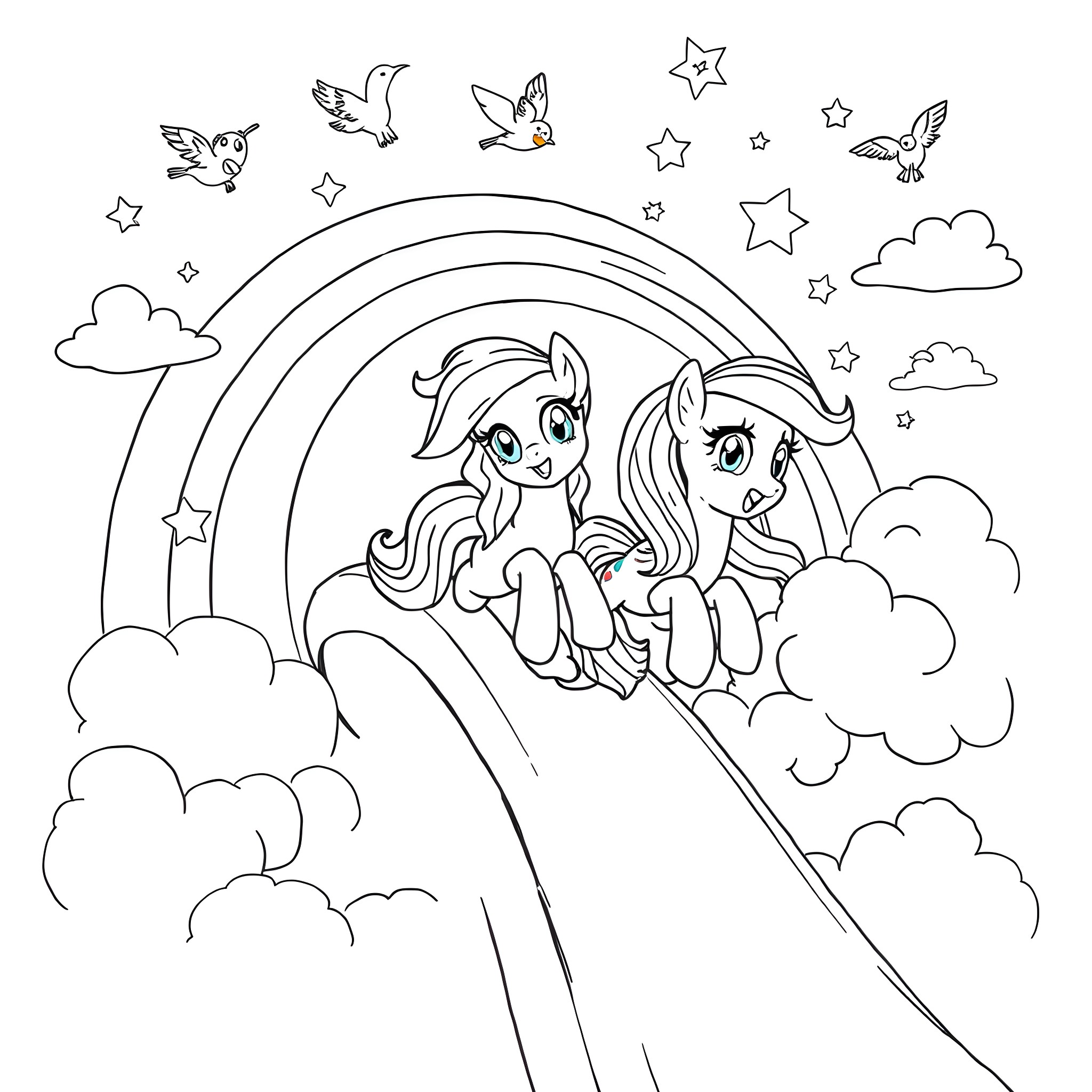 Rainbow Dash and friends enjoying a magical rainbow landscape Coloring Page (free black-and-white line drawing printable PDF for all, from beginners to advanced learners, including children, teens, adults, and seniors)