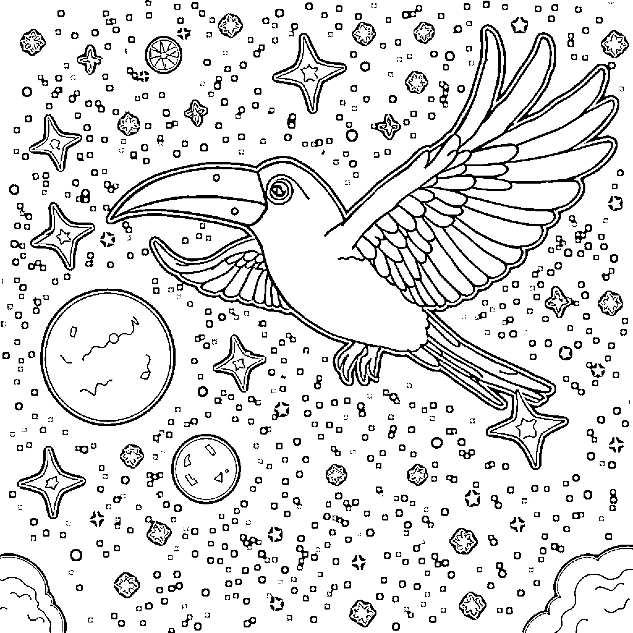 Papagayo bird soaring through a starry night sky Coloring Page (free black-and-white line drawing printable PDF for all, from beginners to advanced learners, including children, teens, adults, and seniors)