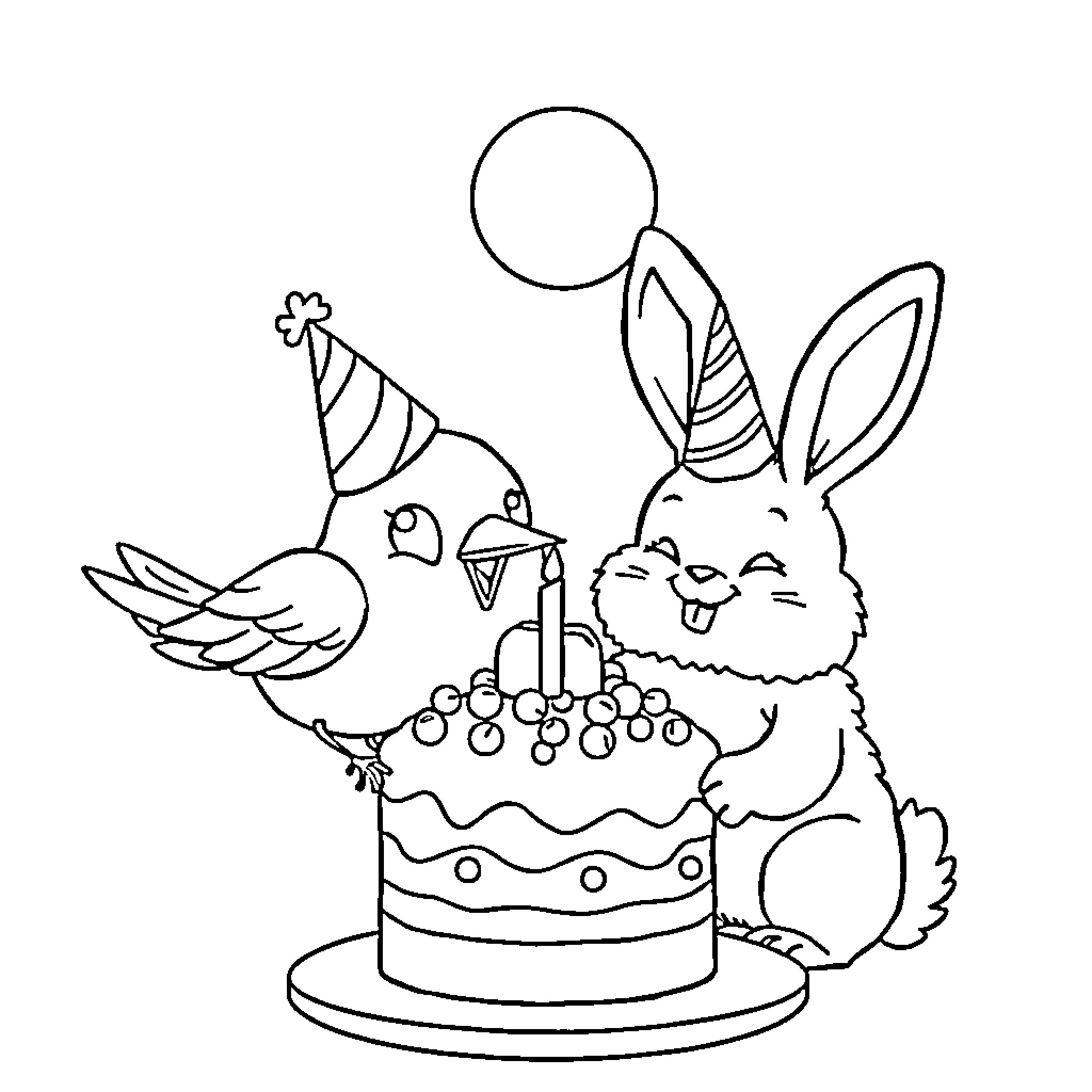 Bird and Bunny Celebrate Birthday Together Coloring Page (free black-and-white line drawing printable PDF for all, from beginners to advanced learners, including children, teens, adults, and seniors)