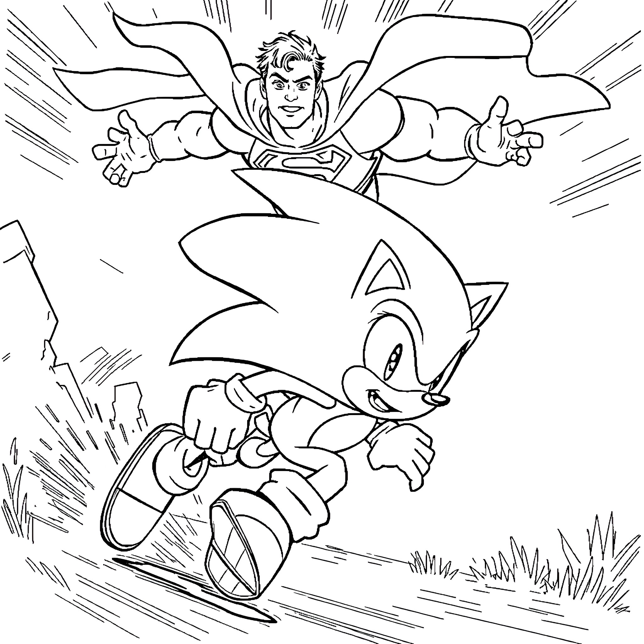 Sonic's Heroic Adventure with Speedy Sonic Coloring Page (free black-and-white line drawing printable PDF for all, from beginners to advanced learners, including children, teens, adults, and seniors)