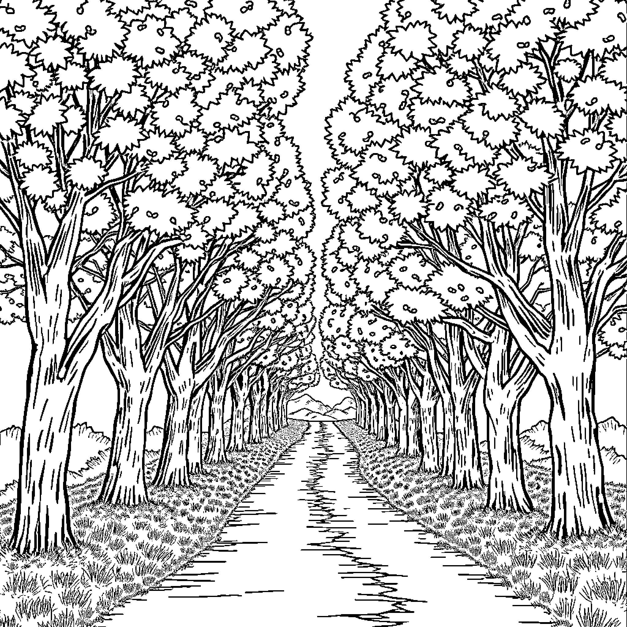 Tree-lined path through enchanting forest landscape Coloring Page (free black-and-white line drawing printable PDF for all, from beginners to advanced learners, including children, teens, adults, and seniors)