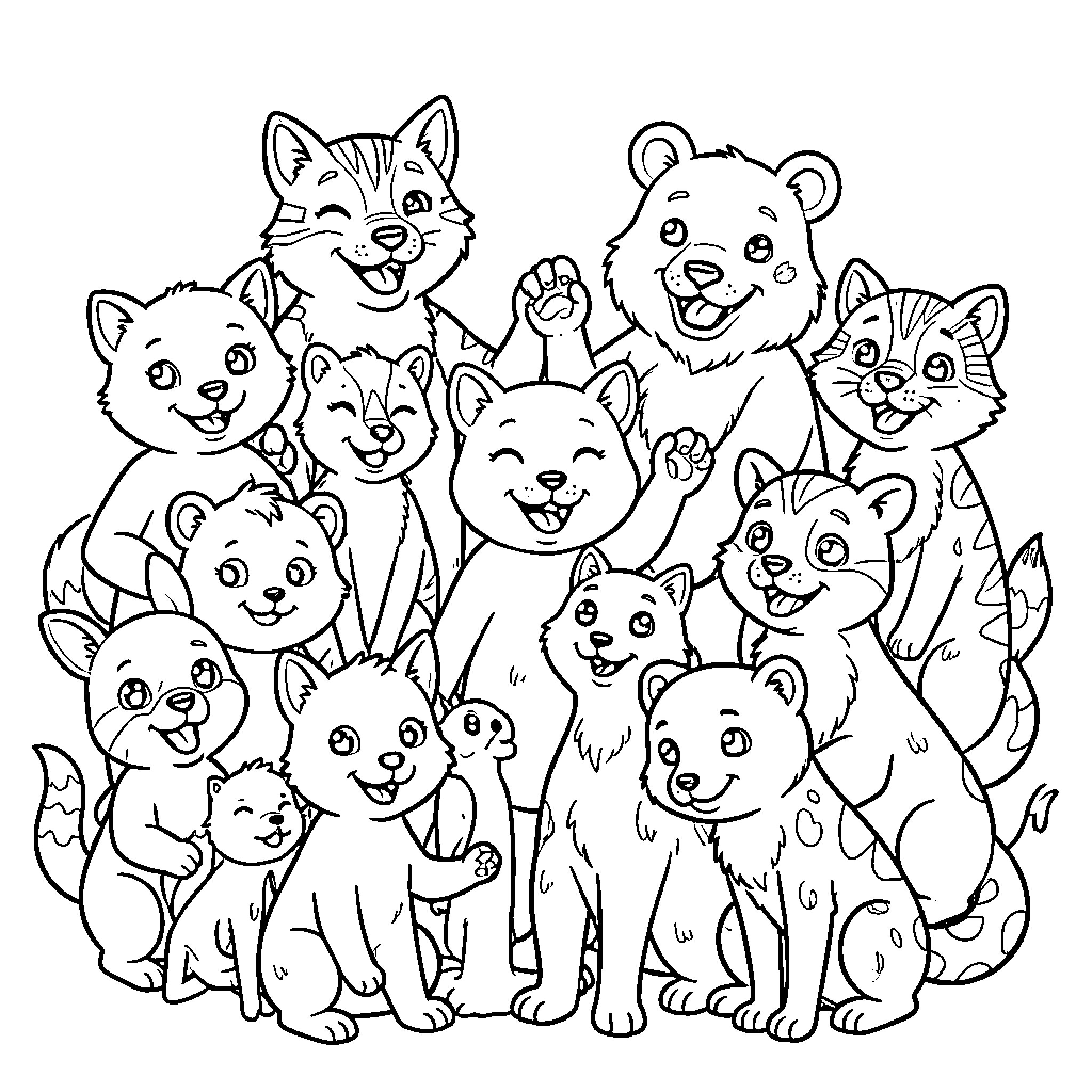 Animal group of cute characters smiling together Coloring Page (free black-and-white line drawing printable PDF for all, from beginners to advanced learners, including children, teens, adults, and seniors)