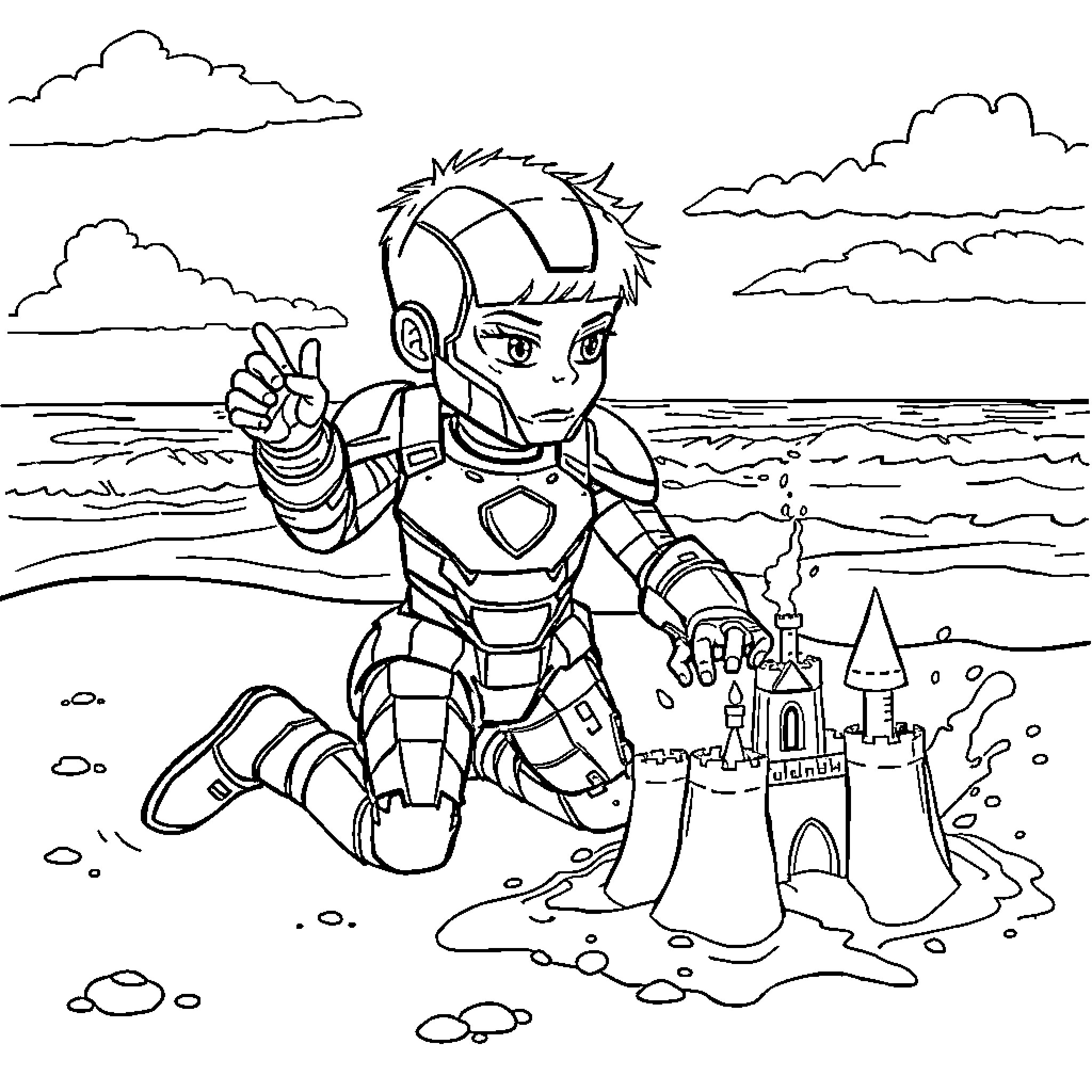 Iron Man Building Sandcastles by the Beach Coloring Page (free black-and-white line drawing printable PDF for all, from beginners to advanced learners, including children, teens, adults, and seniors)