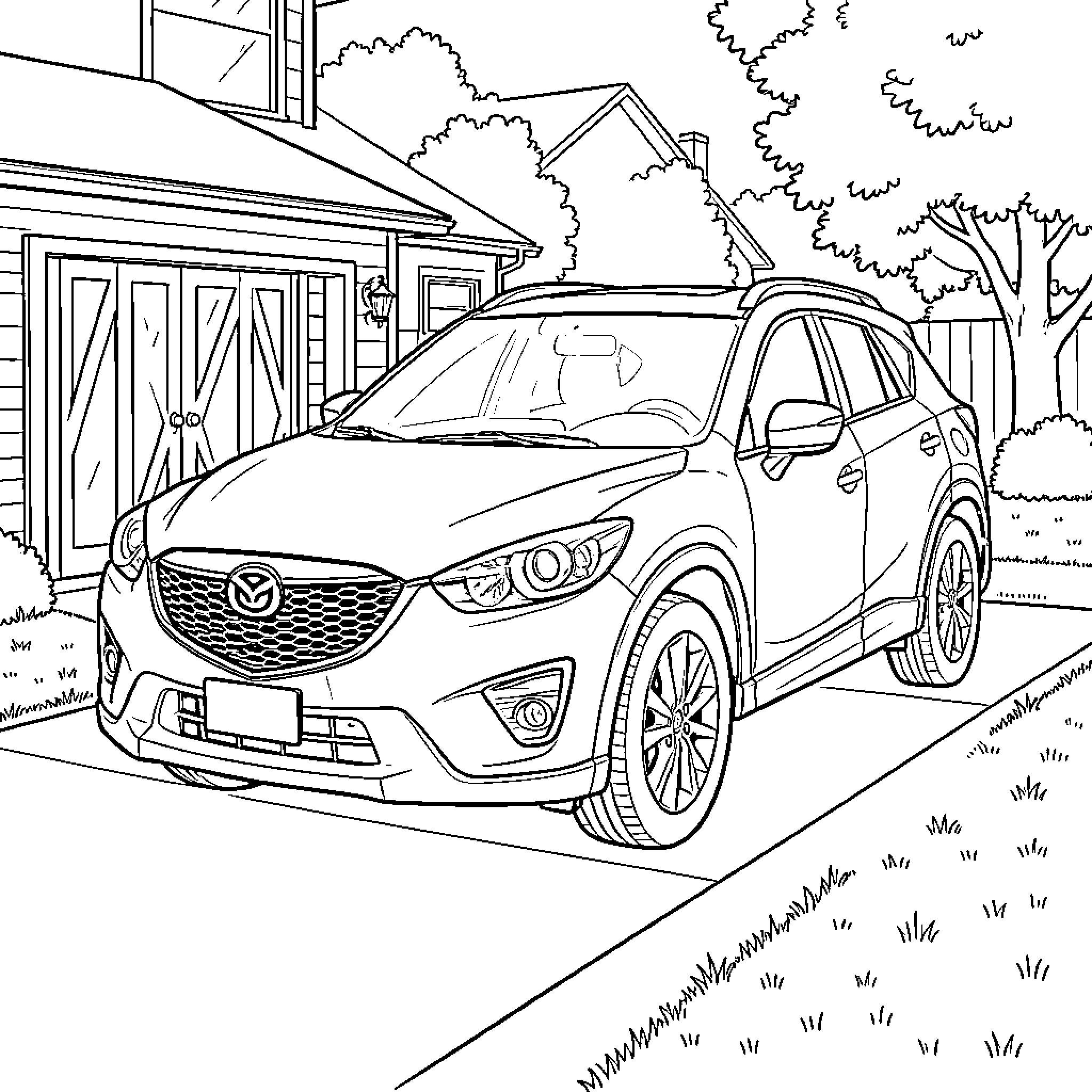Mazda CX-5 parked in front of a house Coloring Page (free black-and-white line drawing printable PDF for all, from beginners to advanced learners, including children, teens, adults, and seniors)