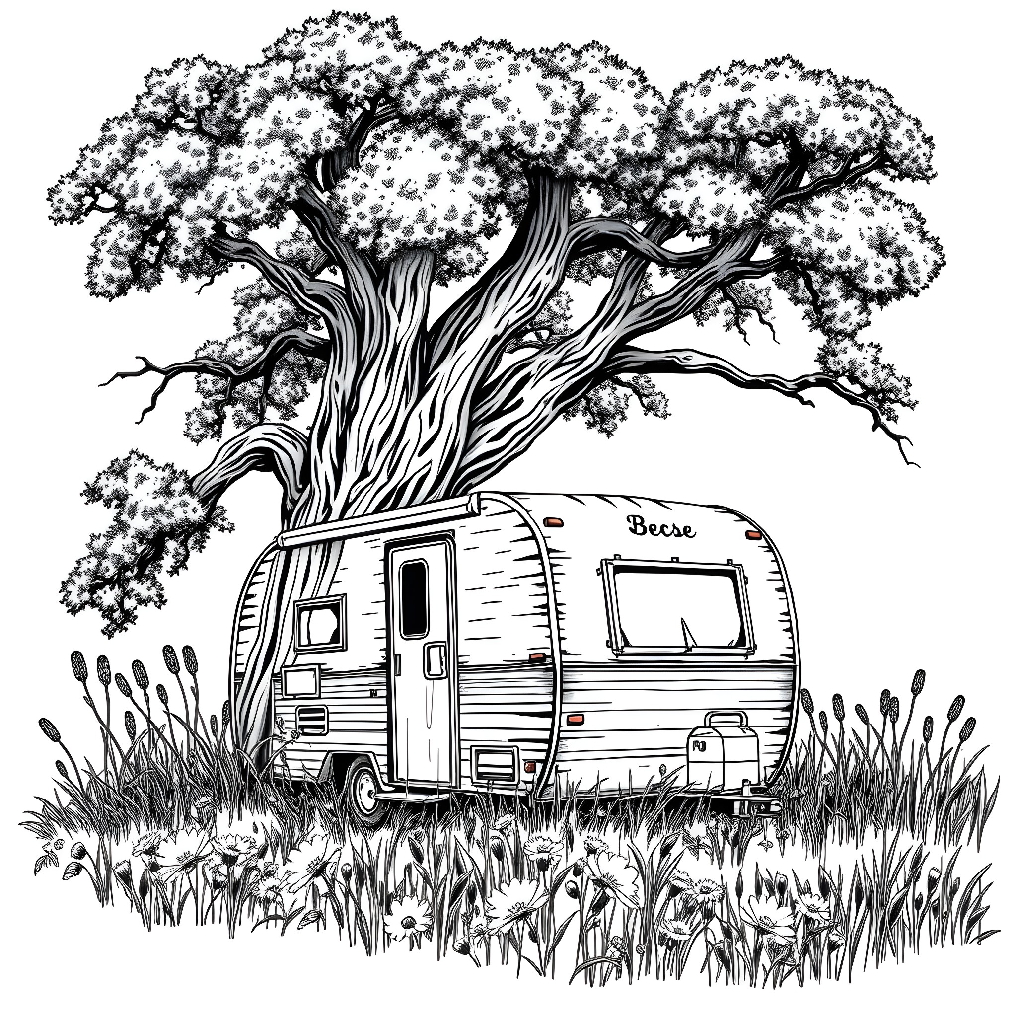 Trailer parked under a blooming tree Coloring Page (free black-and-white line drawing printable PDF for all, from beginners to advanced learners, including children, teens, adults, and seniors)
