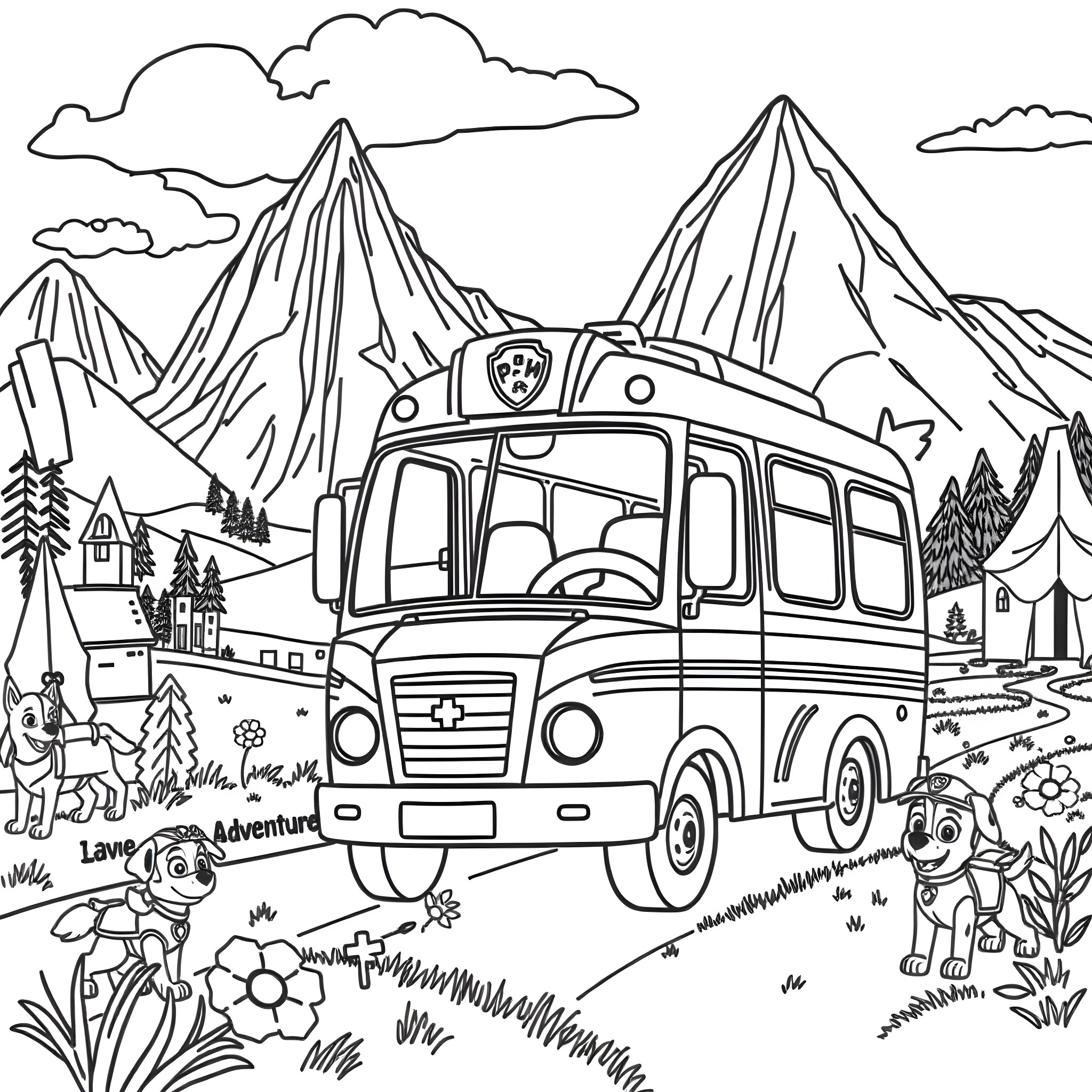 Bus carrying adventure-seekers through scenic mountain landscape Coloring Page (free black-and-white line drawing printable PDF for all, from beginners to advanced learners, including children, teens, adults, and seniors)