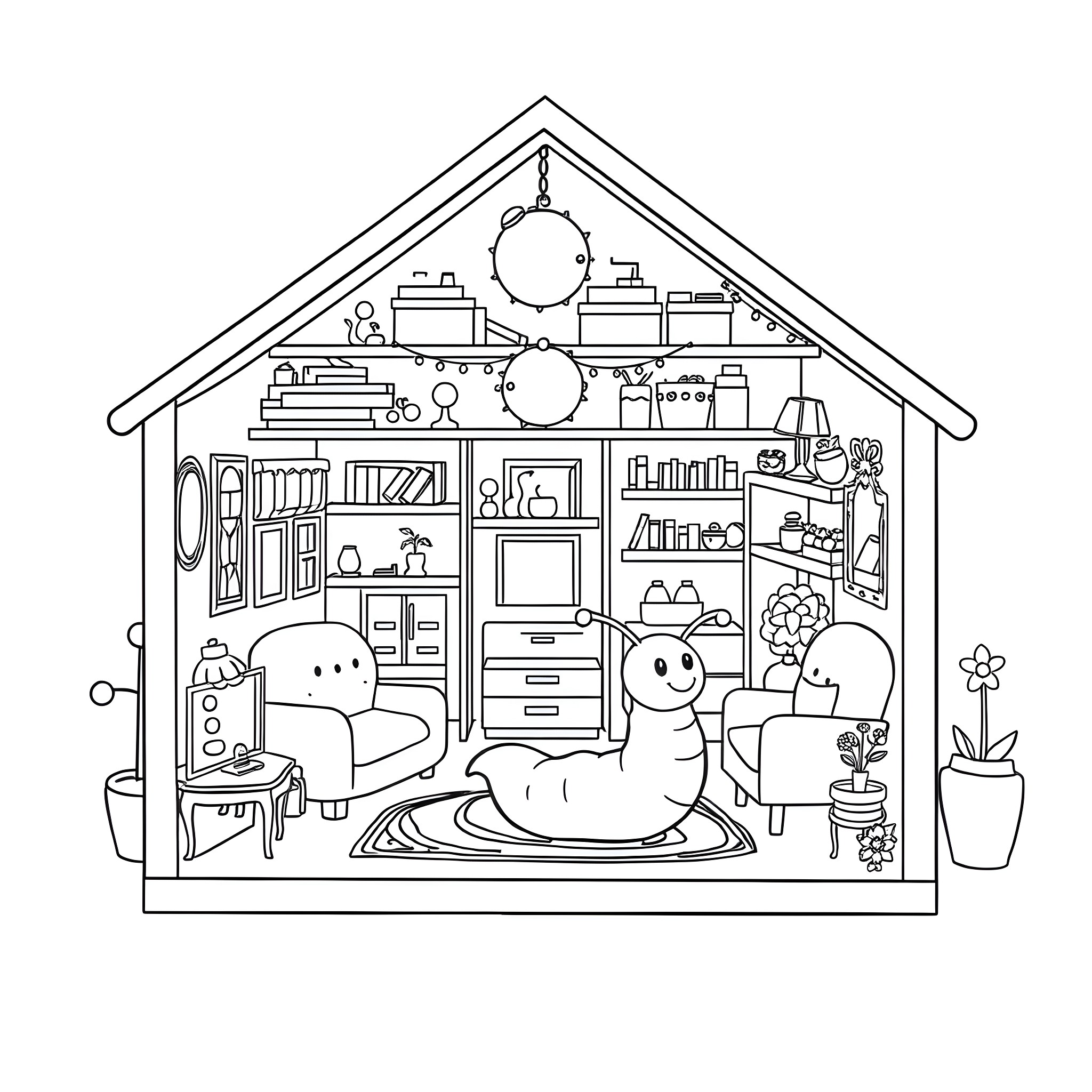 Inchworm exploring a cozy, cluttered home Coloring Page (free black-and-white line drawing printable PDF for all, from beginners to advanced learners, including children, teens, adults, and seniors)