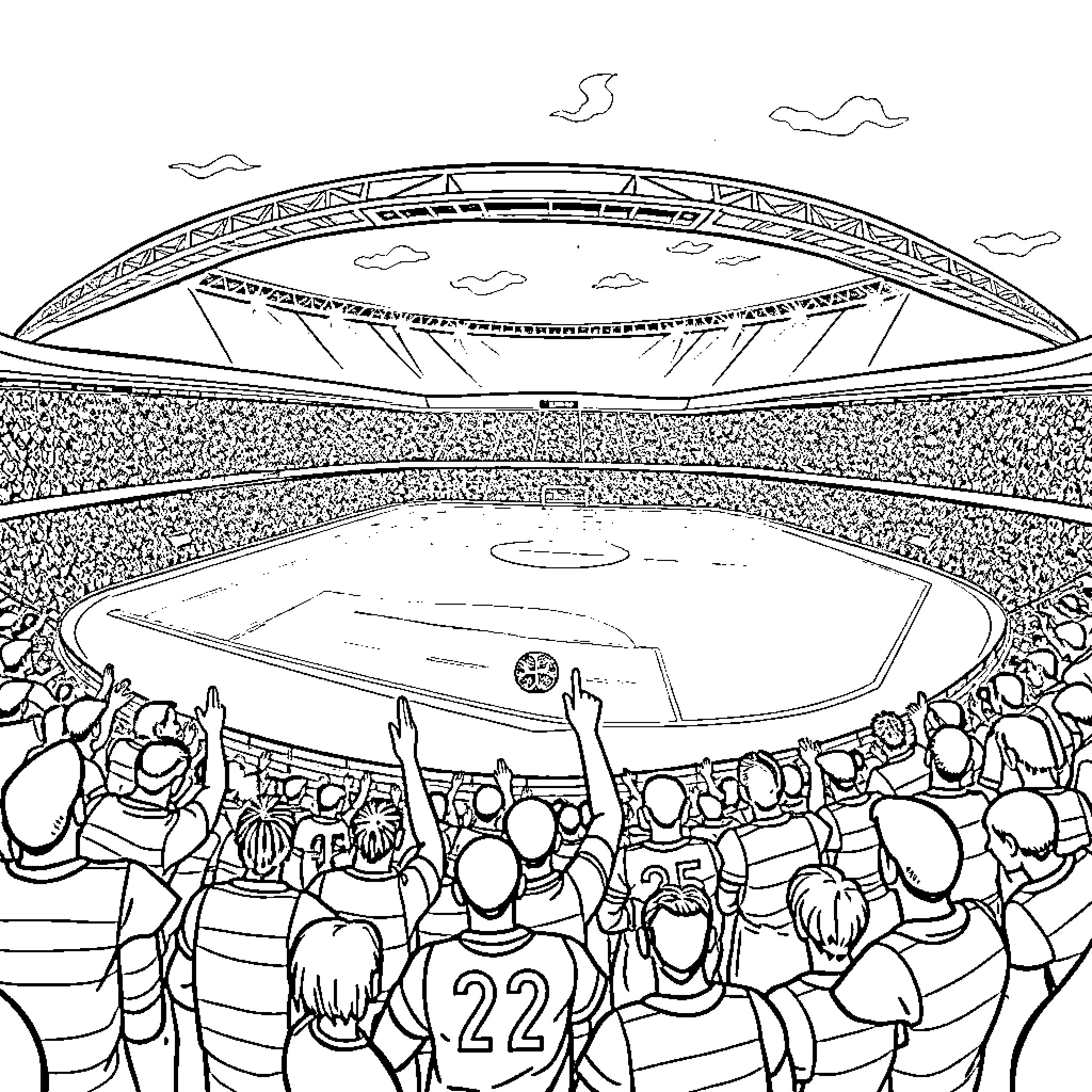 Celtic Park: Enthusiastic Fans Cheer on Their Team Coloring Page (free black-and-white line drawing printable PDF for all, from beginners to advanced learners, including children, teens, adults, and seniors)