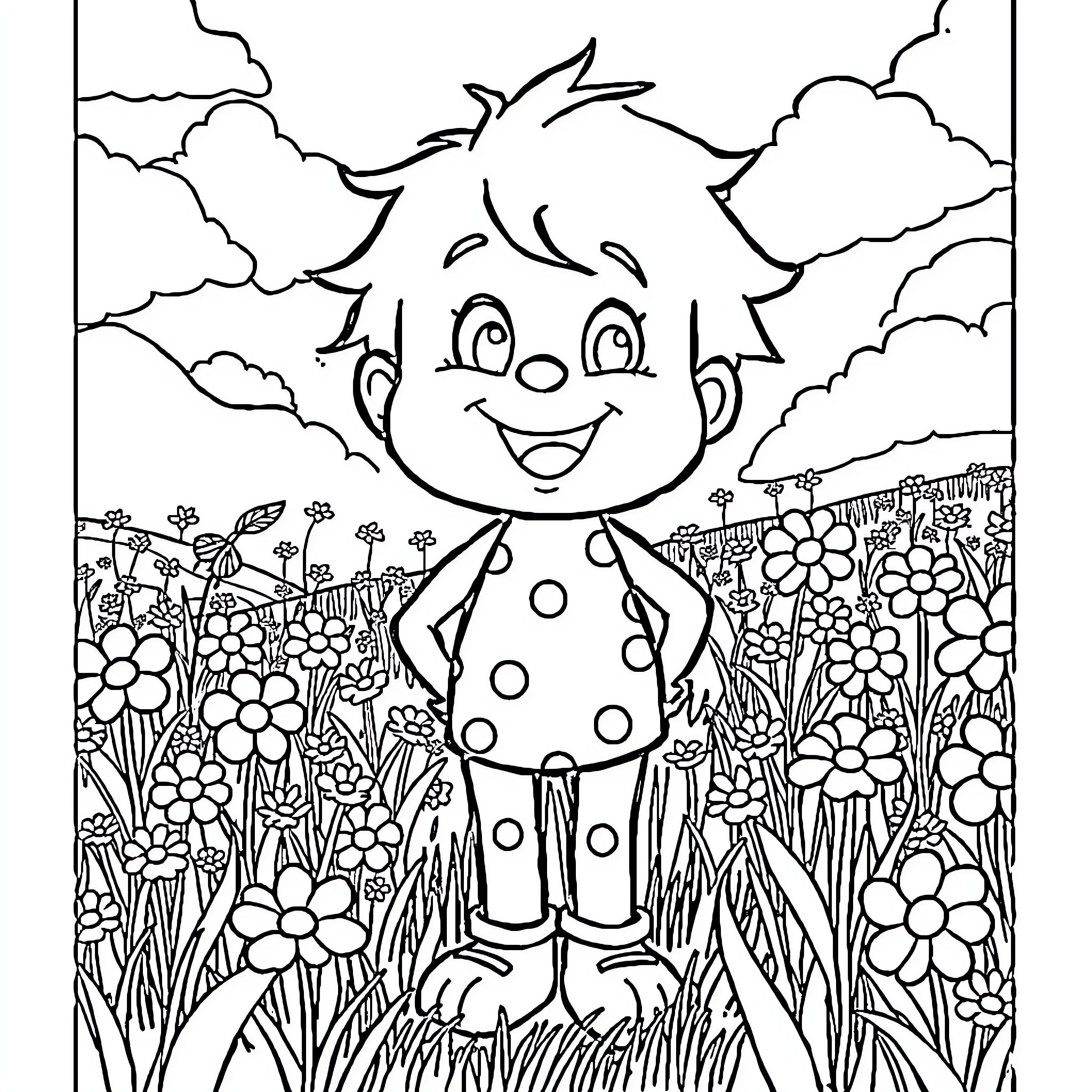 Dandy Boy Frolicking in Floral Field Coloring Page (free black-and-white line drawing printable PDF for all, from beginners to advanced learners, including children, teens, adults, and seniors)