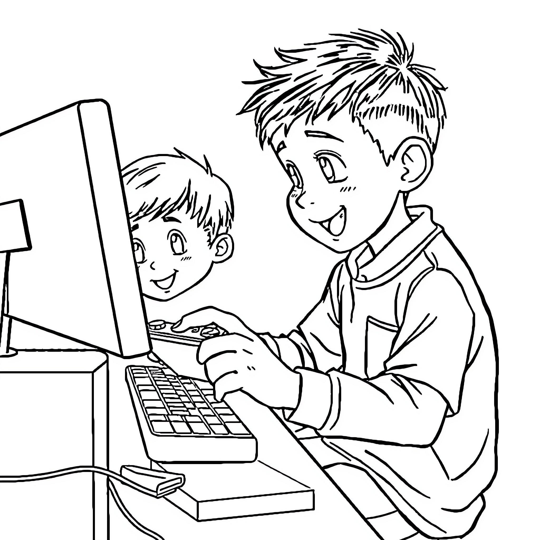 Pumuda Boys Playing Together on Computer Coloring Page (free black-and-white line drawing printable PDF for all, from beginners to advanced learners, including children, teens, adults, and seniors)
