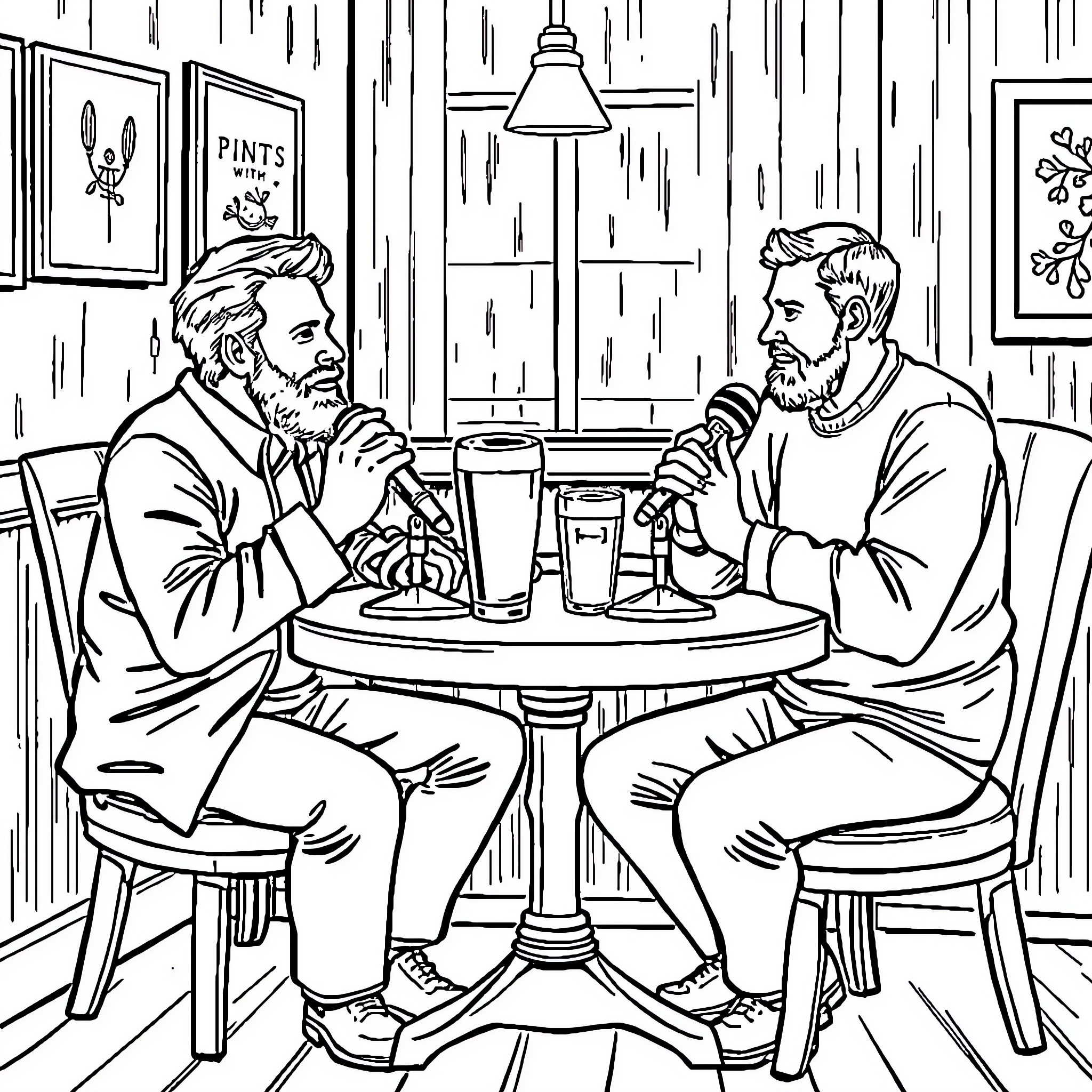 Matt Fradd discussing with a friend in a pub Coloring Page (free black-and-white line drawing printable PDF for all, from beginners to advanced learners, including children, teens, adults, and seniors)