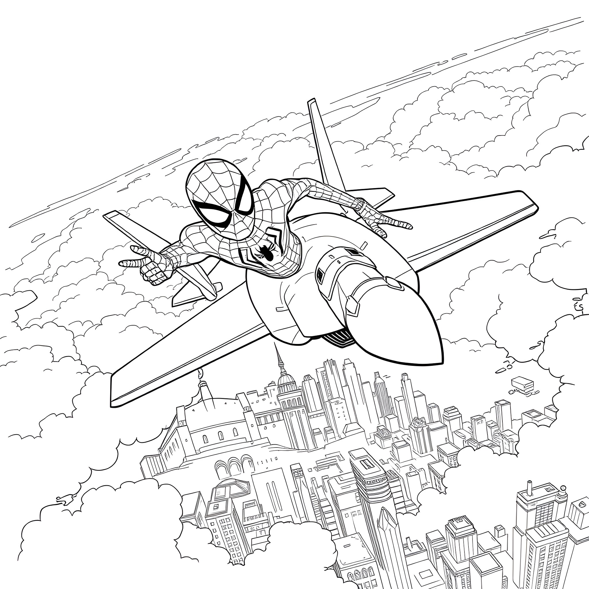 Spiderman swinging through the city on a jet Coloring Page (free black-and-white line drawing printable PDF for all, from beginners to advanced learners, including children, teens, adults, and seniors)