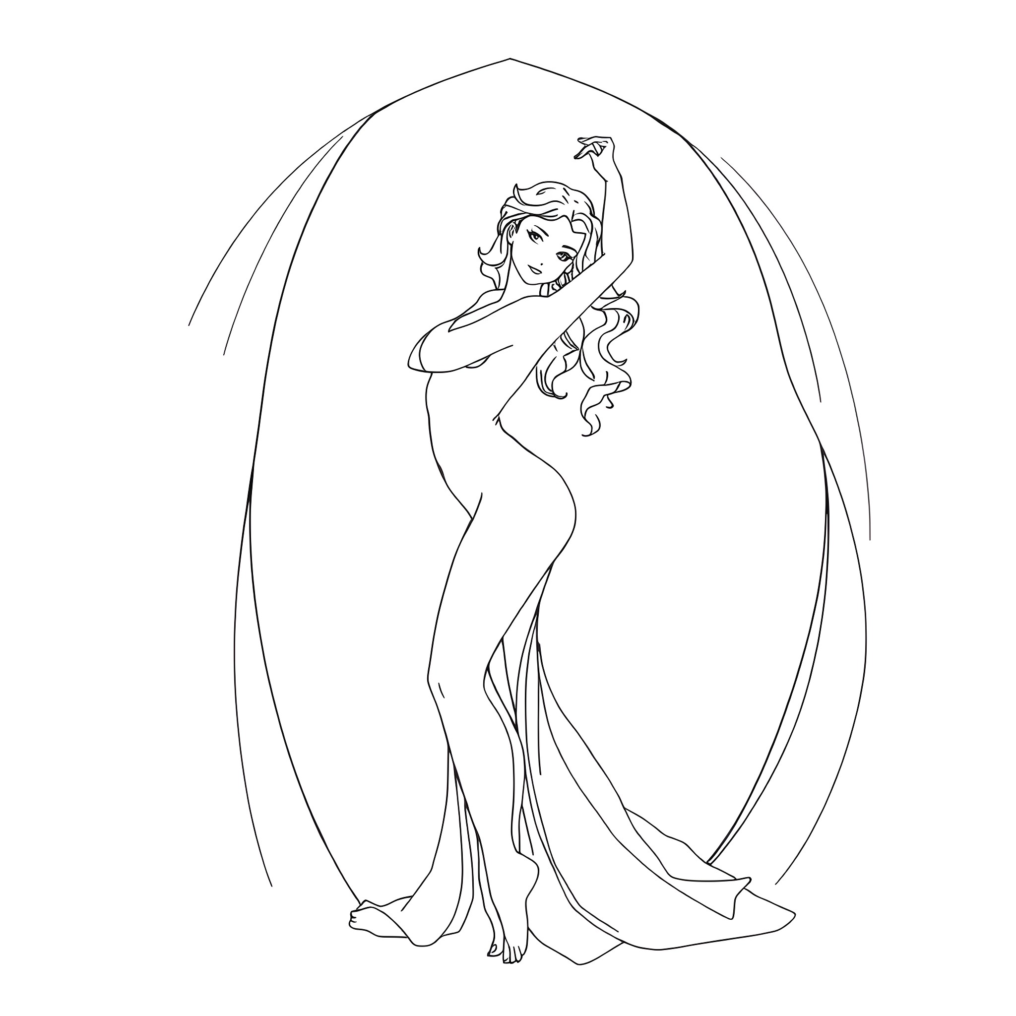 Woman in graceful flowing dress posing Coloring Page (free black-and-white line drawing printable PDF for all, from beginners to advanced learners, including children, teens, adults, and seniors)