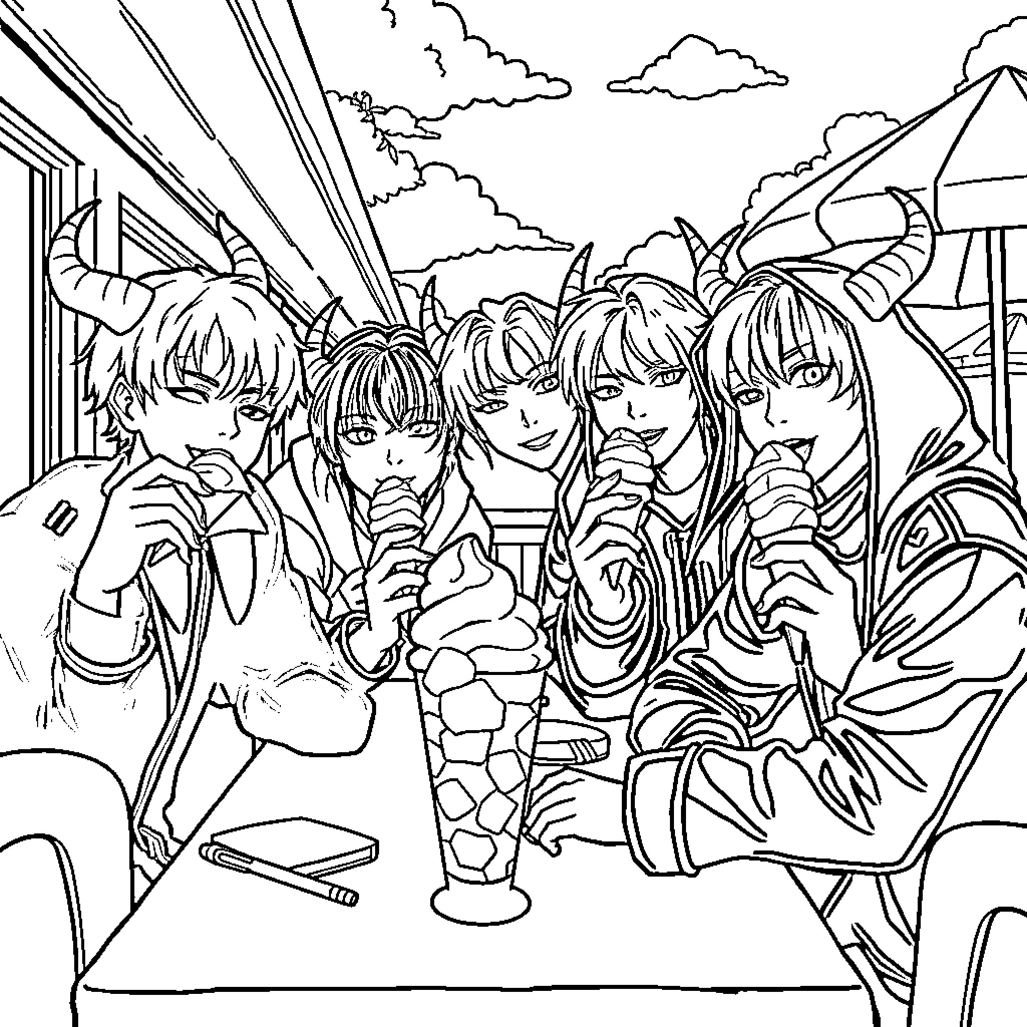 Demon Hunters in Action: A Powerful Team Confronts Challenges Coloring Page (free black-and-white line drawing printable PDF for all, from beginners to advanced learners, including children, teens, adults, and seniors)