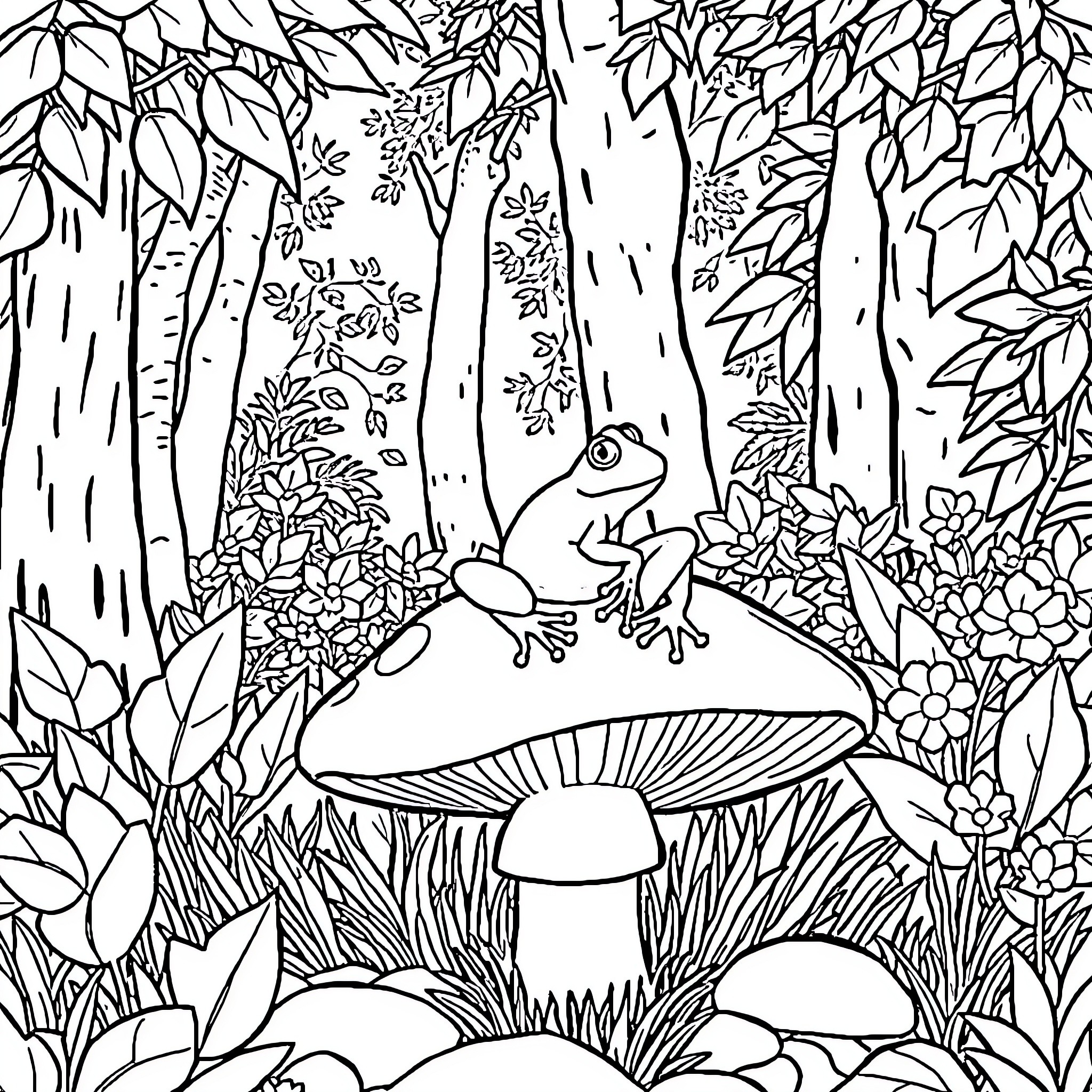 Frog exploring the enchanted forest Coloring Page (free black-and-white line drawing printable PDF for all, from beginners to advanced learners, including children, teens, adults, and seniors)