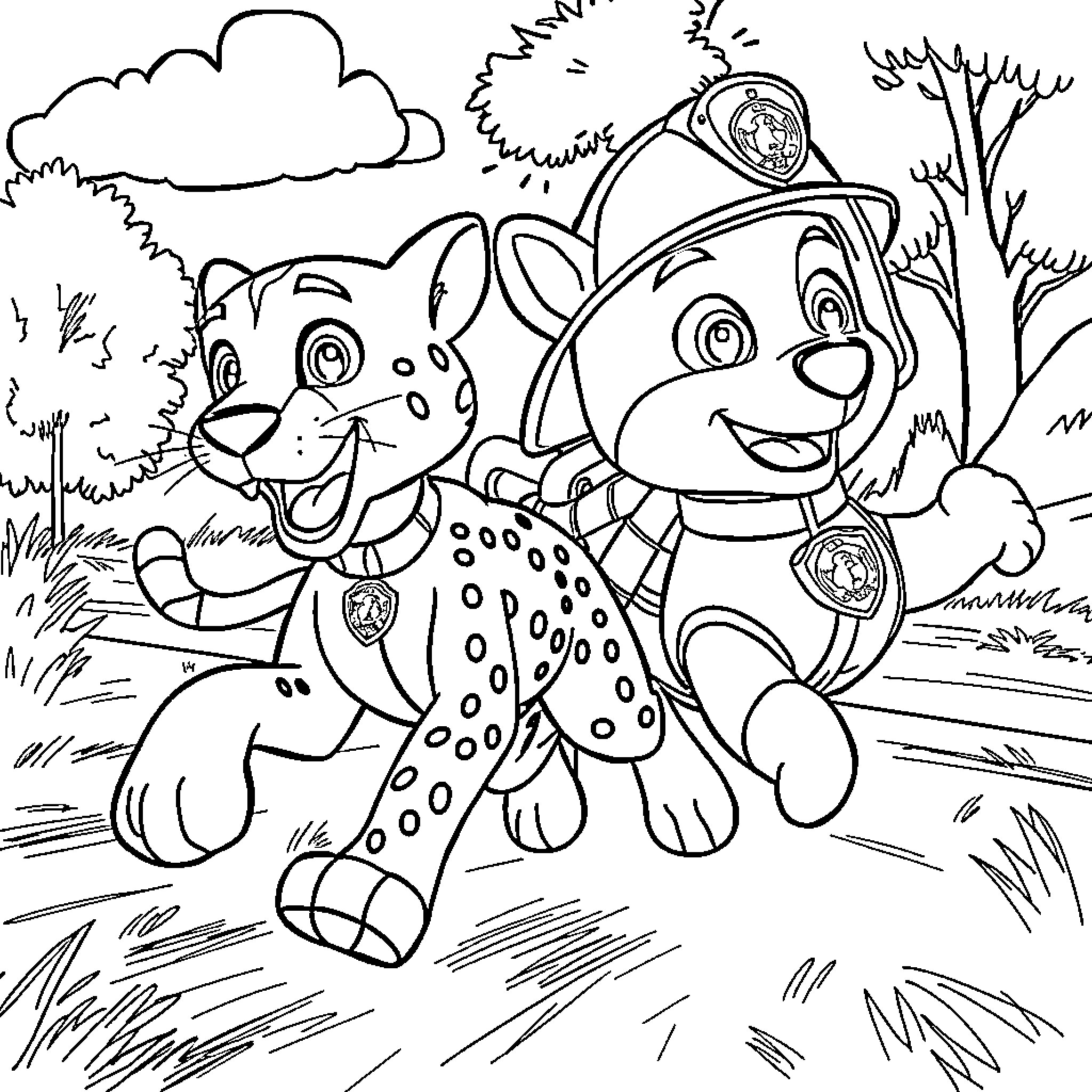 Cheetah pups playing in the forest Coloring Page (free black-and-white line drawing printable PDF for all, from beginners to advanced learners, including children, teens, adults, and seniors)