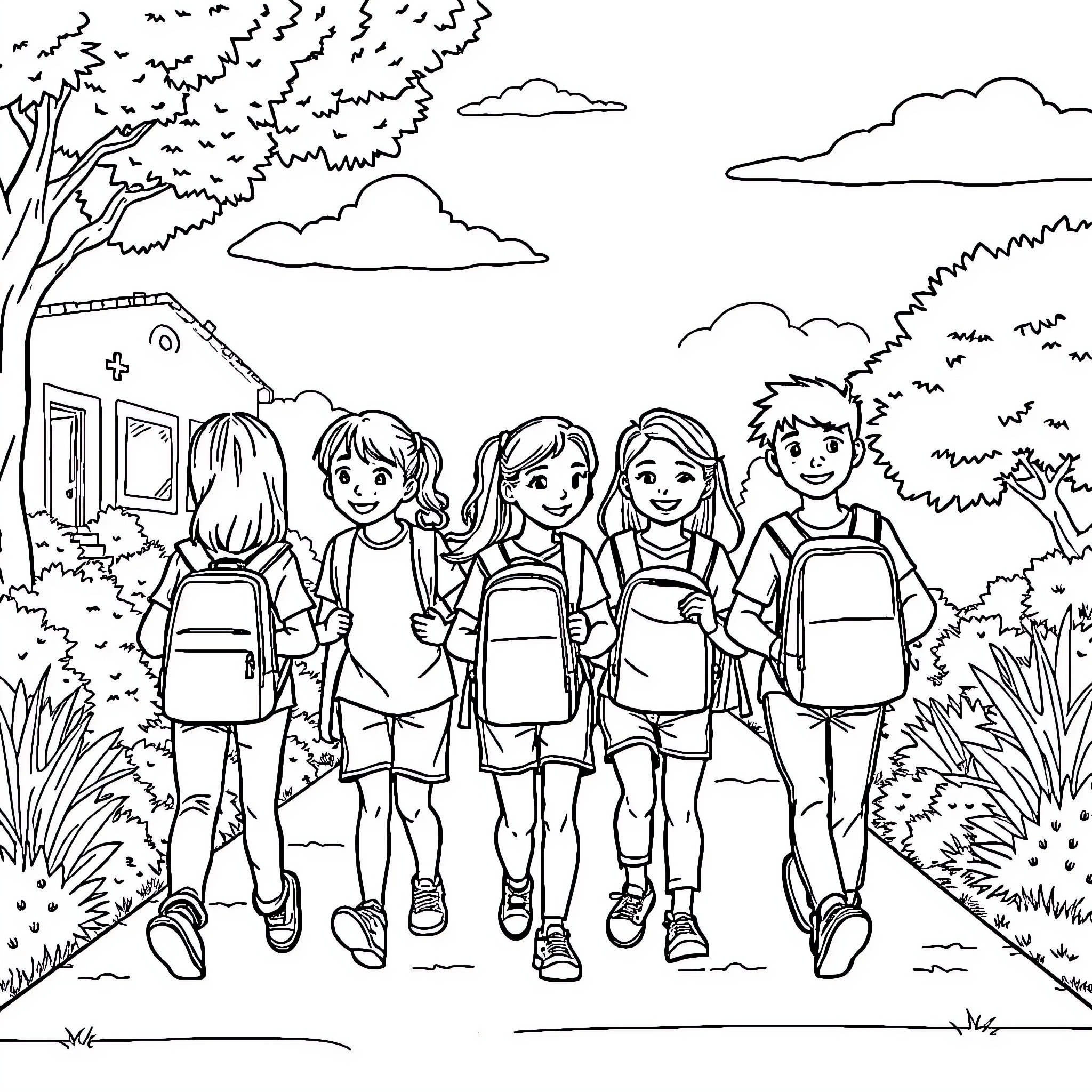 Back to School: Children Excited for New Term Coloring Page (free black-and-white line drawing printable PDF for all, from beginners to advanced learners, including children, teens, adults, and seniors)