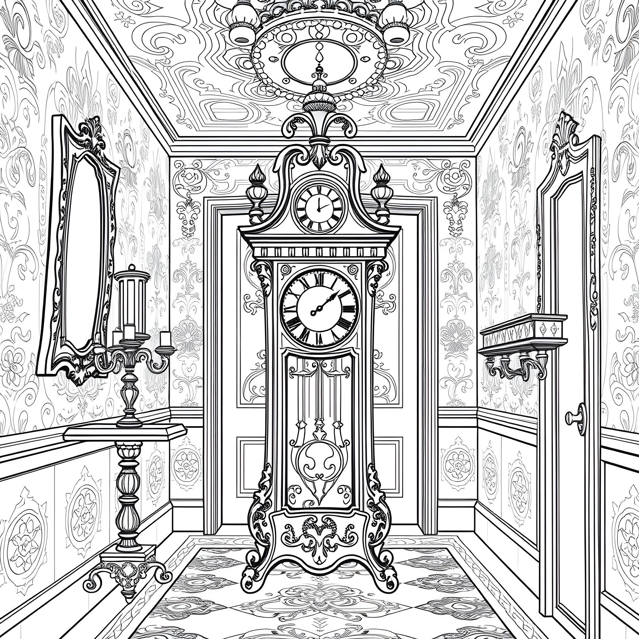 Cogsworth's Ornate Clockwork Interior Coloring Page (free black-and-white line drawing printable PDF for all, from beginners to advanced learners, including children, teens, adults, and seniors)
