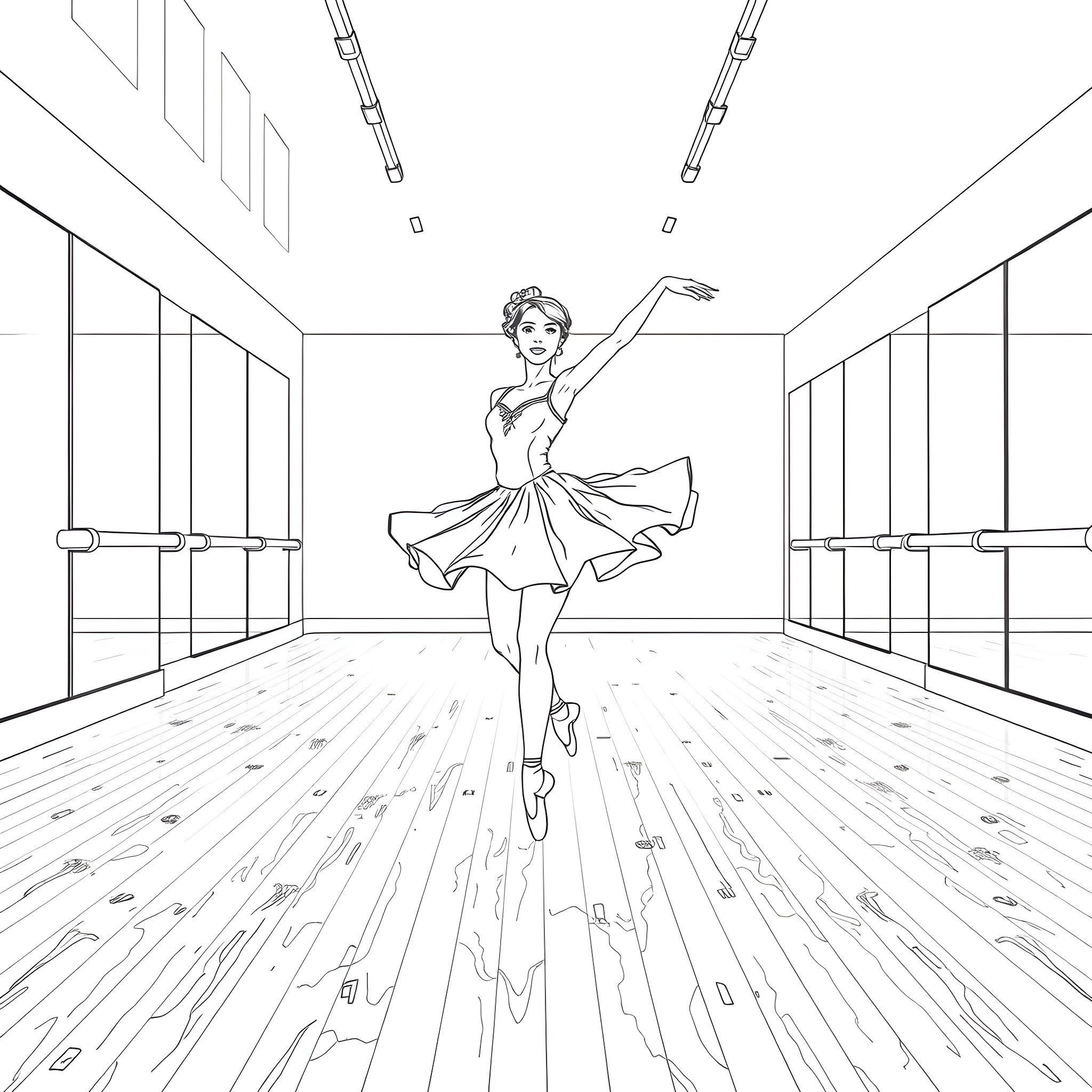 Ballerina Gracefully Performing on Stage Coloring Page (free black-and-white line drawing printable PDF for all, from beginners to advanced learners, including children, teens, adults, and seniors)