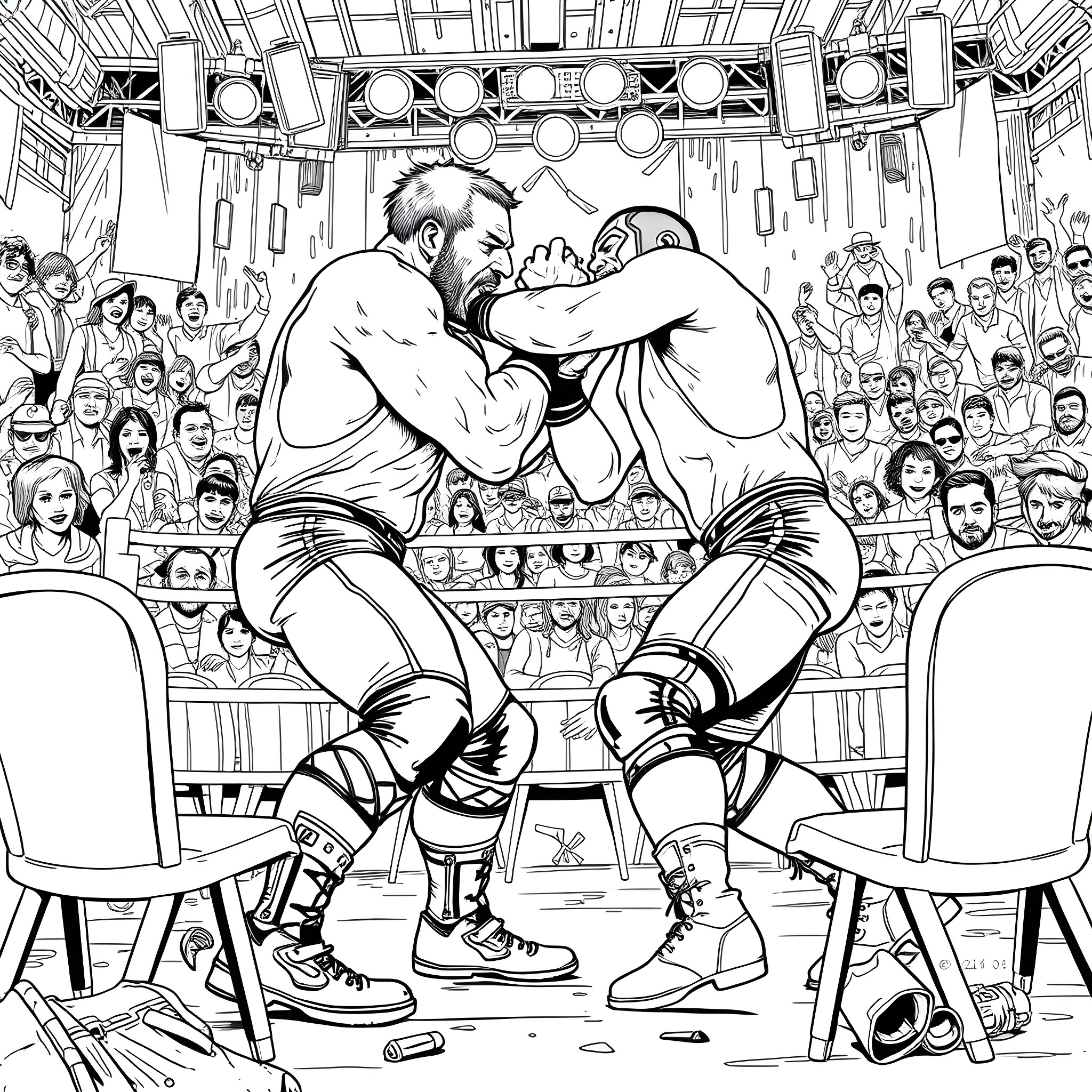 Wrestlers engaged in intense match at arena Coloring Page (free black-and-white line drawing printable PDF for all, from beginners to advanced learners, including children, teens, adults, and seniors)