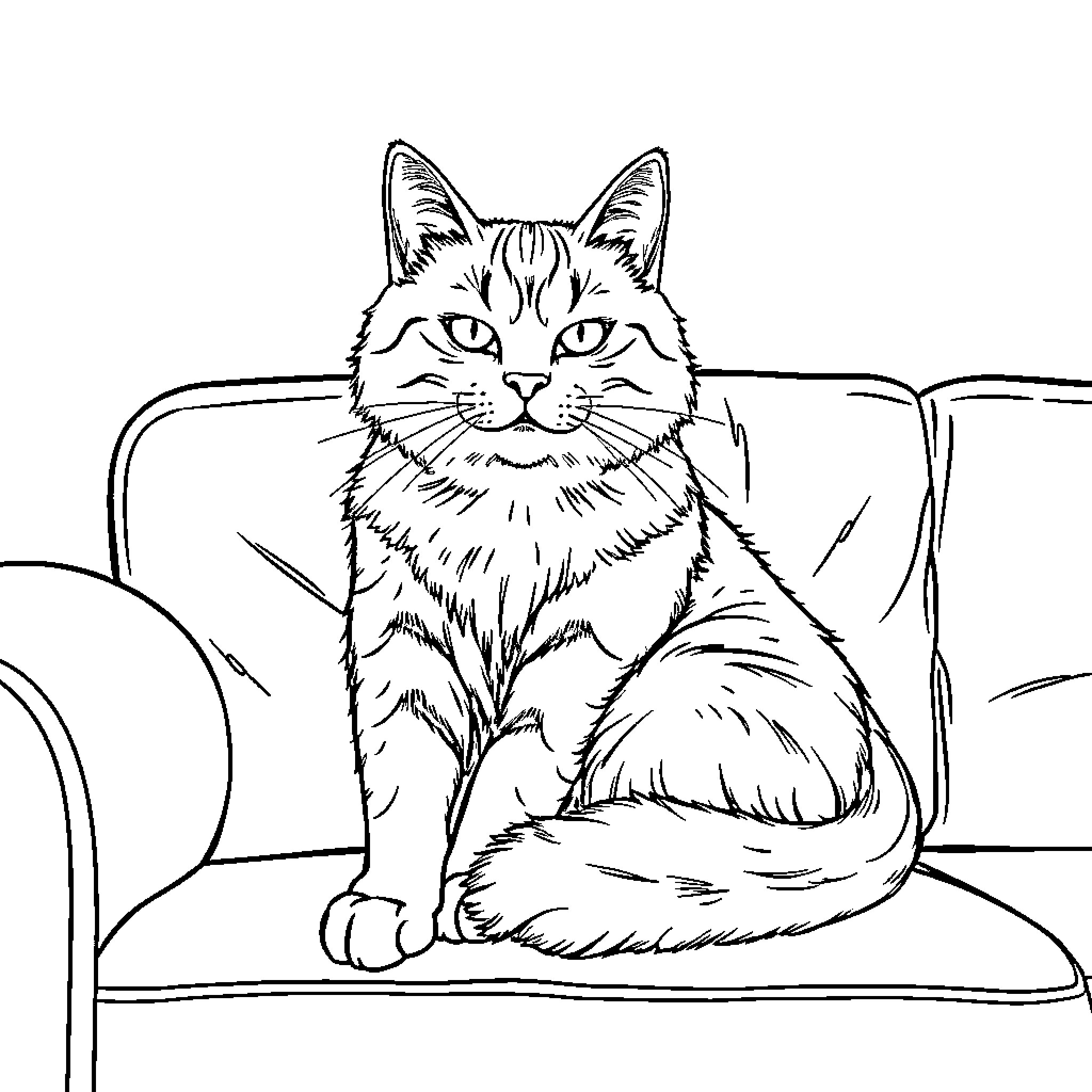 Cat resting comfortably on sofa Coloring Page (free black-and-white line drawing printable PDF for all, from beginners to advanced learners, including children, teens, adults, and seniors)