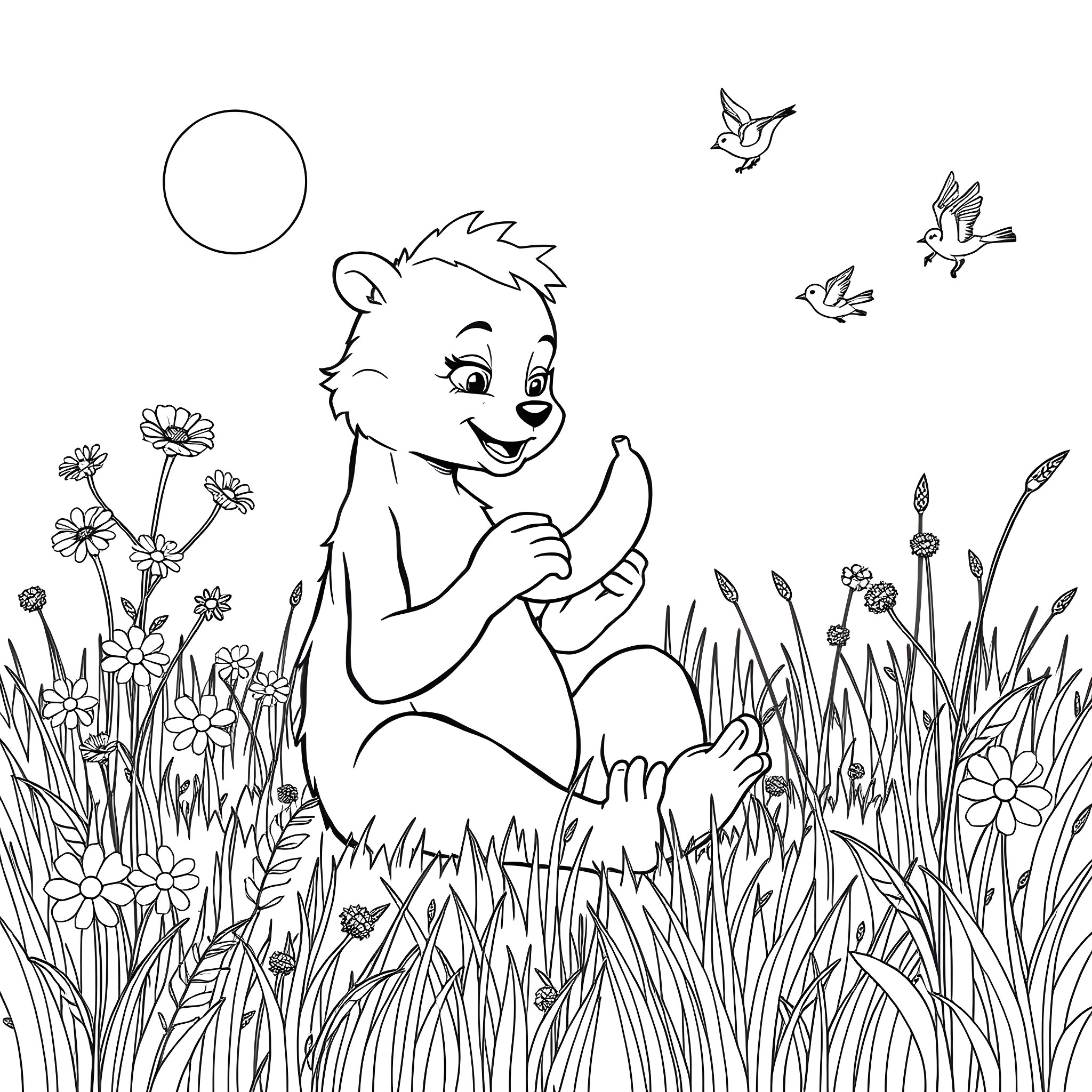 Zade playing happily with butterflies in the meadow Coloring Page (free black-and-white line drawing printable PDF for all, from beginners to advanced learners, including children, teens, adults, and seniors)