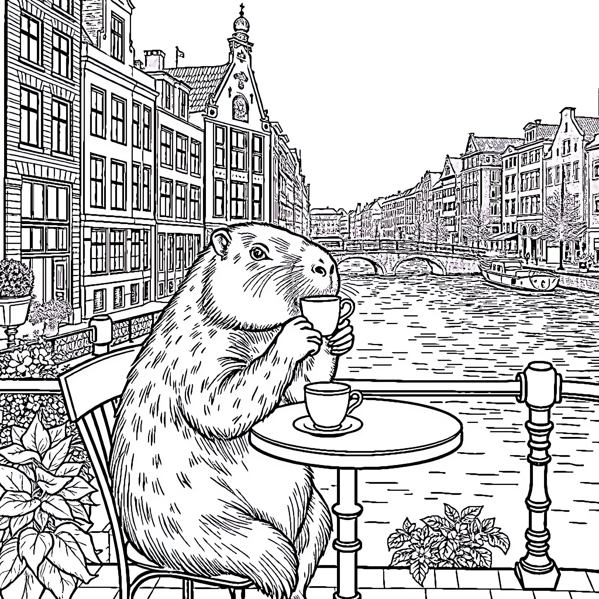 Capybara relaxing with coffee in a quaint European city Coloring Page (free black-and-white line drawing printable PDF for all, from beginners to advanced learners, including children, teens, adults, and seniors)