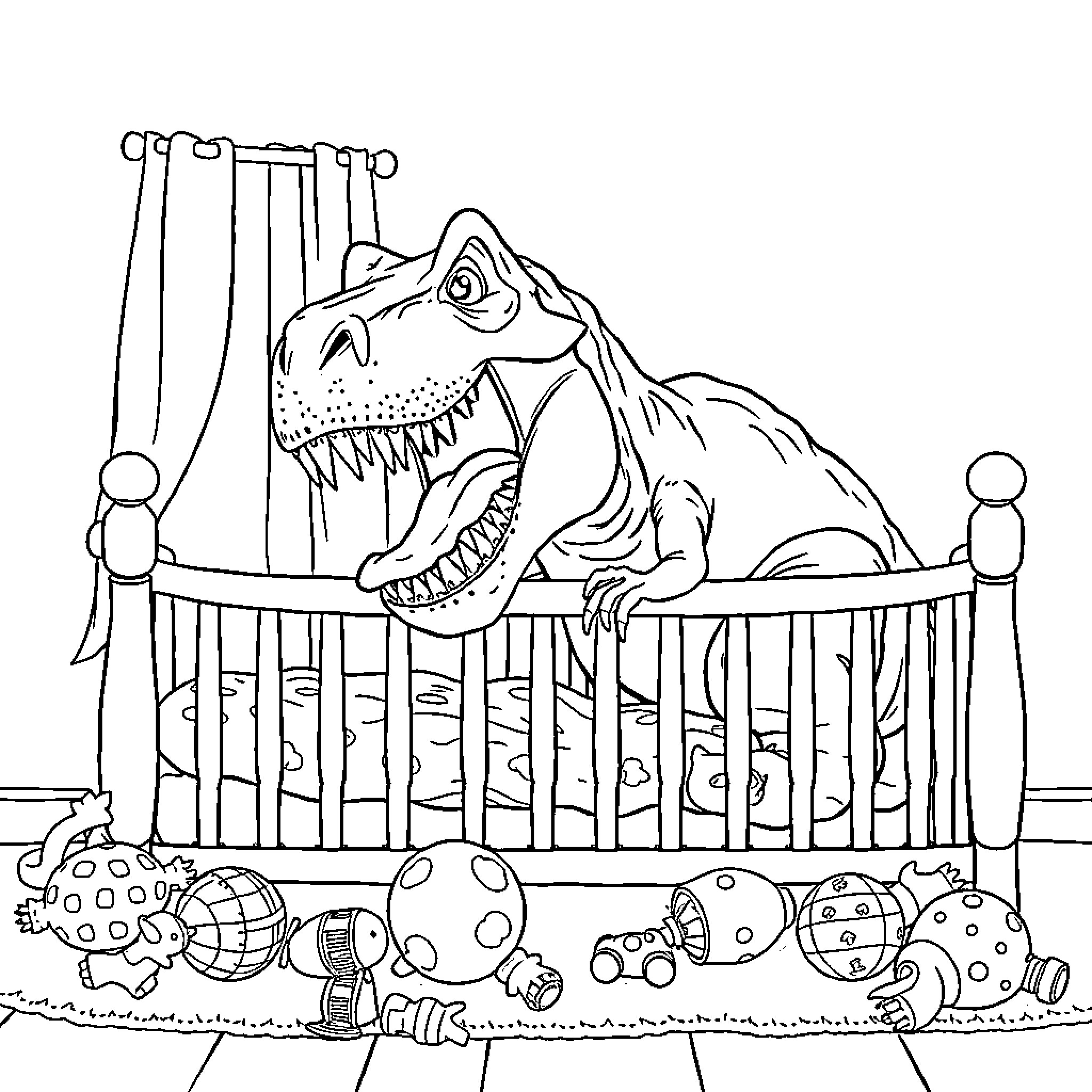 Dinosaur playing with toys in its crib Coloring Page (free black-and-white line drawing printable PDF for all, from beginners to advanced learners, including children, teens, adults, and seniors)