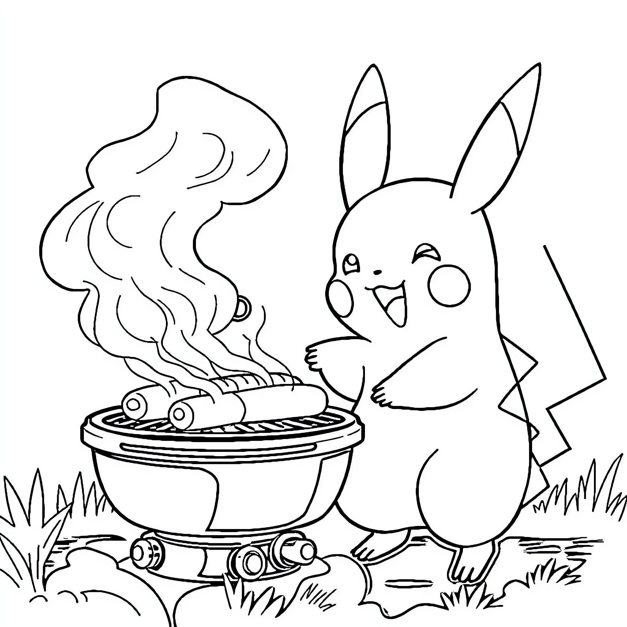 Pikachu cooking sizzling hot dish outdoors Coloring Page (free black-and-white line drawing printable PDF for all, from beginners to advanced learners, including children, teens, adults, and seniors)