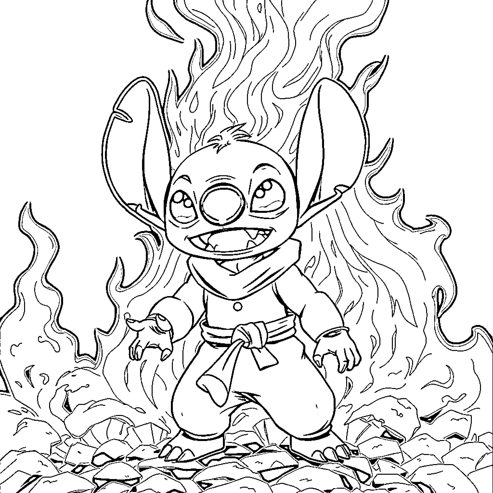 Stitch surrounded by flames and debris Coloring Page (free black-and-white line drawing printable PDF for all, from beginners to advanced learners, including children, teens, adults, and seniors)