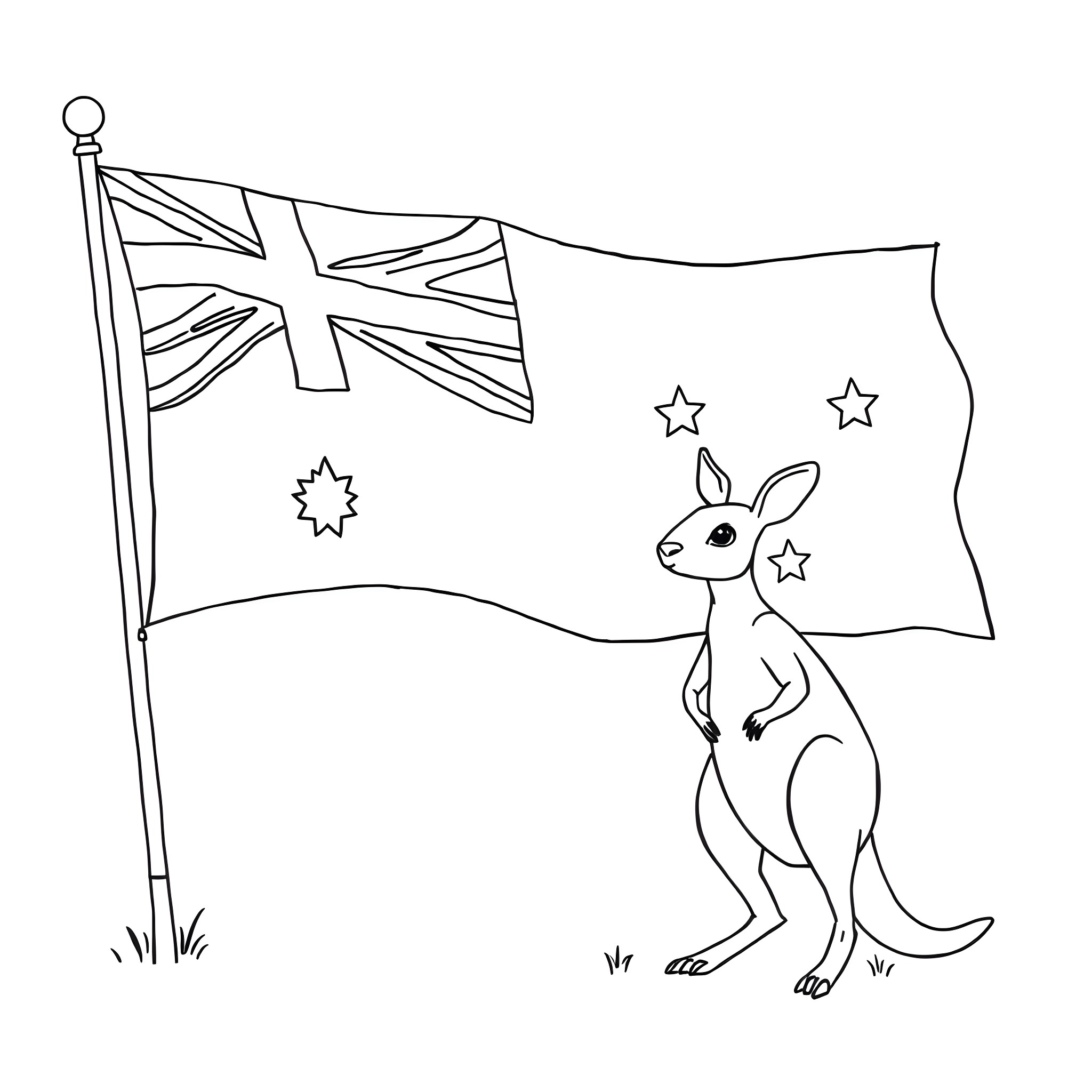 Kangaroo waving Australian flag with stars Coloring Page (free black-and-white line drawing printable PDF for all, from beginners to advanced learners, including children, teens, adults, and seniors)