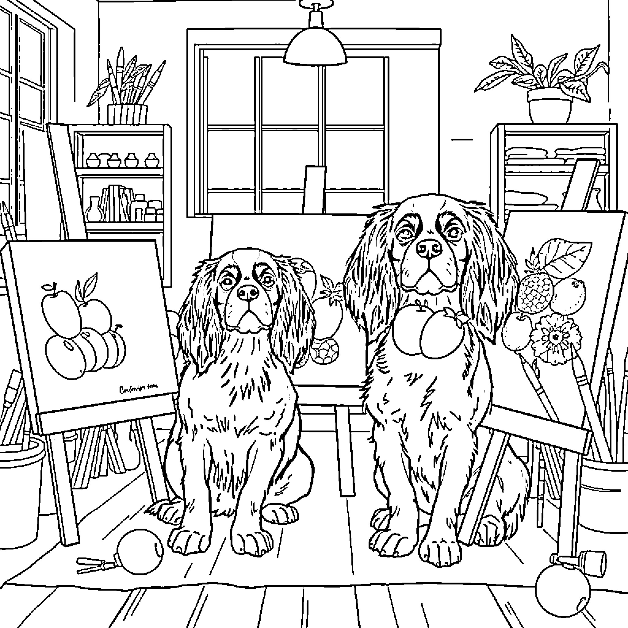 Cavalier King Charles Spaniels in an Art Studio Coloring Page (free black-and-white line drawing printable PDF for all, from beginners to advanced learners, including children, teens, adults, and seniors)