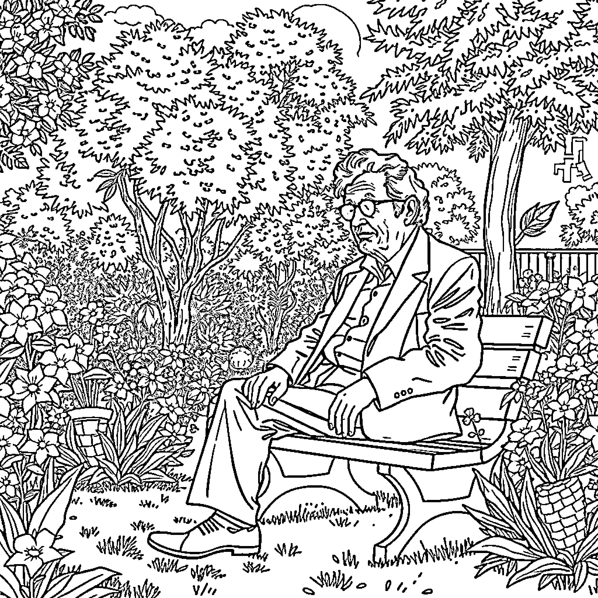 Jaques Lacan in a Serene Garden Setting Coloring Page (free black-and-white line drawing printable PDF for all, from beginners to advanced learners, including children, teens, adults, and seniors)
