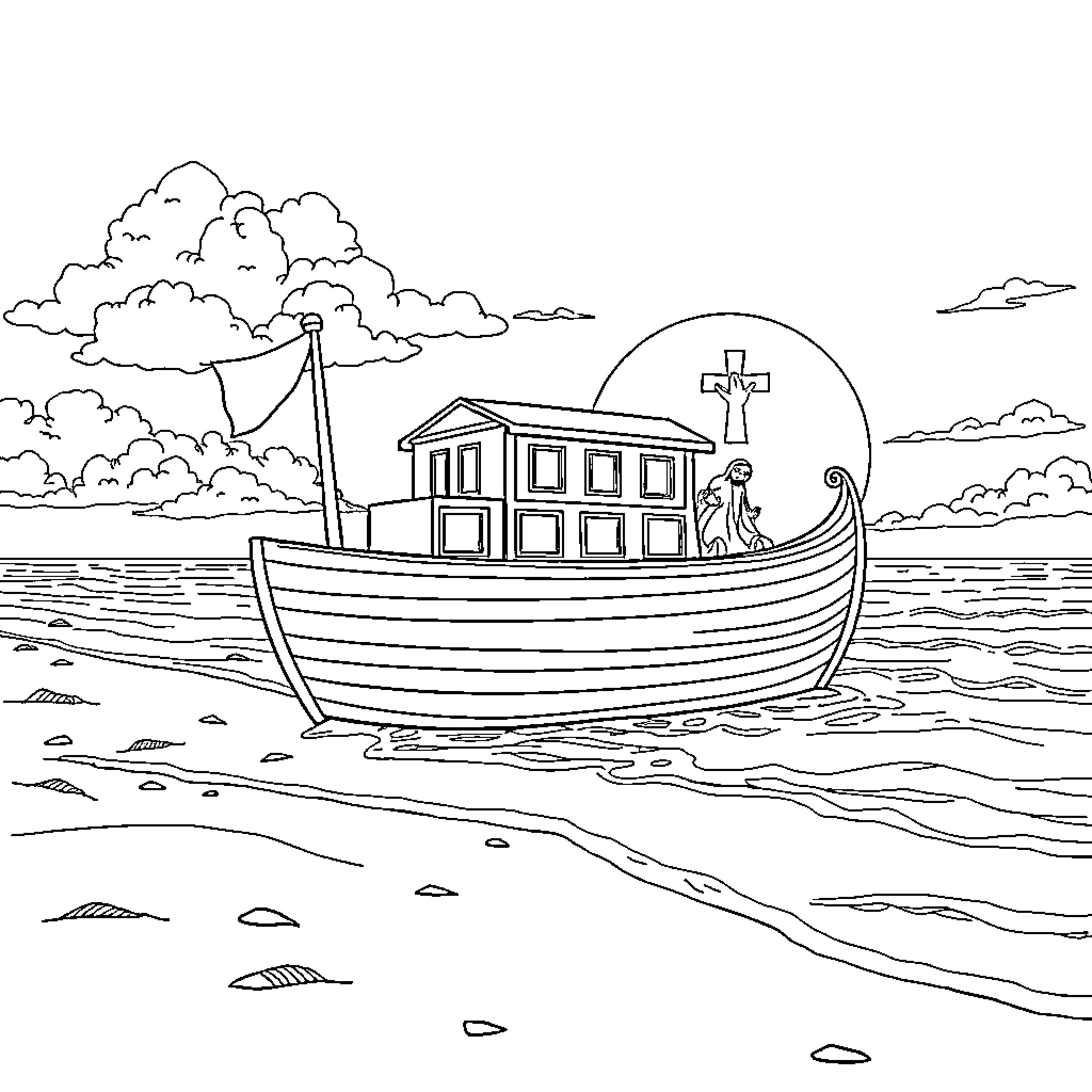 Noah's Ark sailing on stormy seas Coloring Page (free black-and-white line drawing printable PDF for all, from beginners to advanced learners, including children, teens, adults, and seniors)