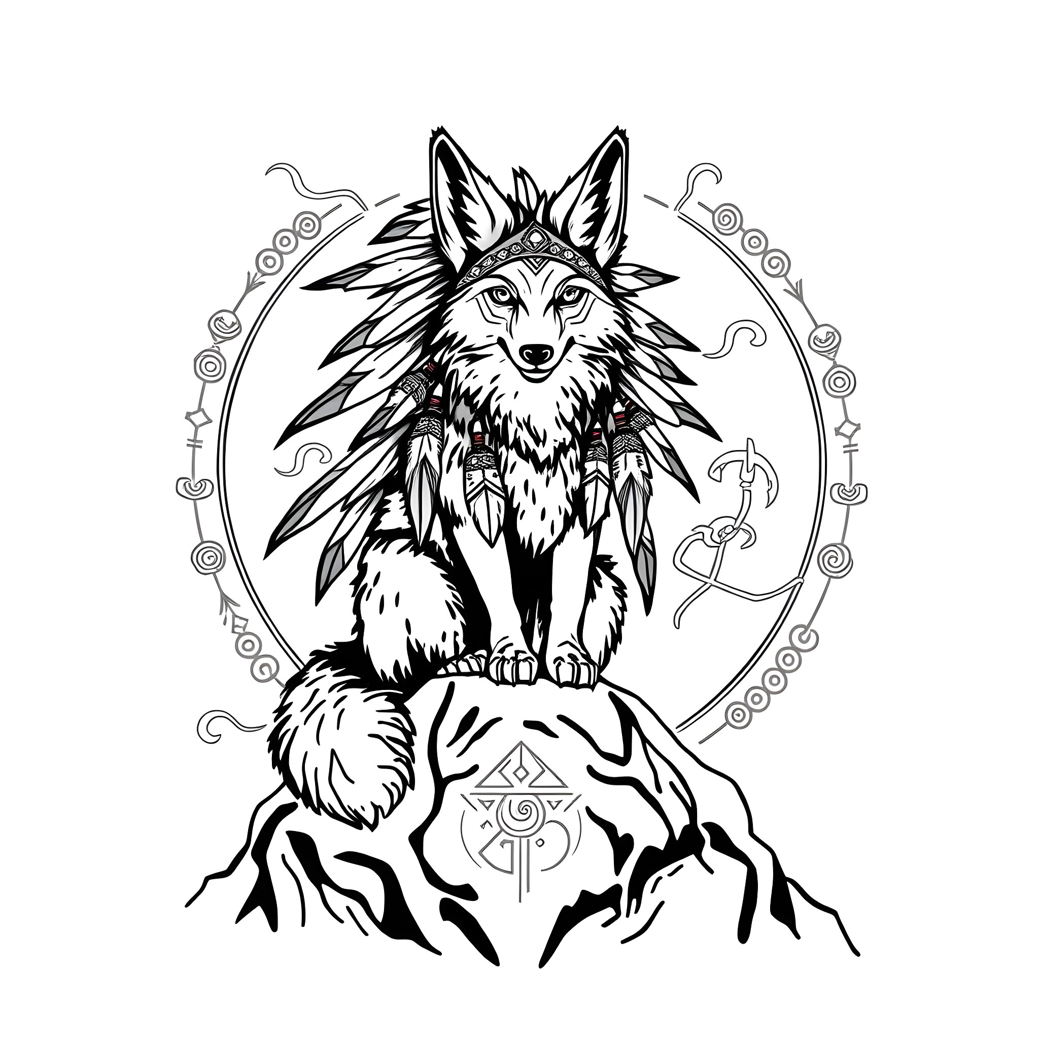 Coyote in a mystical ornate frame Coloring Page (free black-and-white line drawing printable PDF for all, from beginners to advanced learners, including children, teens, adults, and seniors)