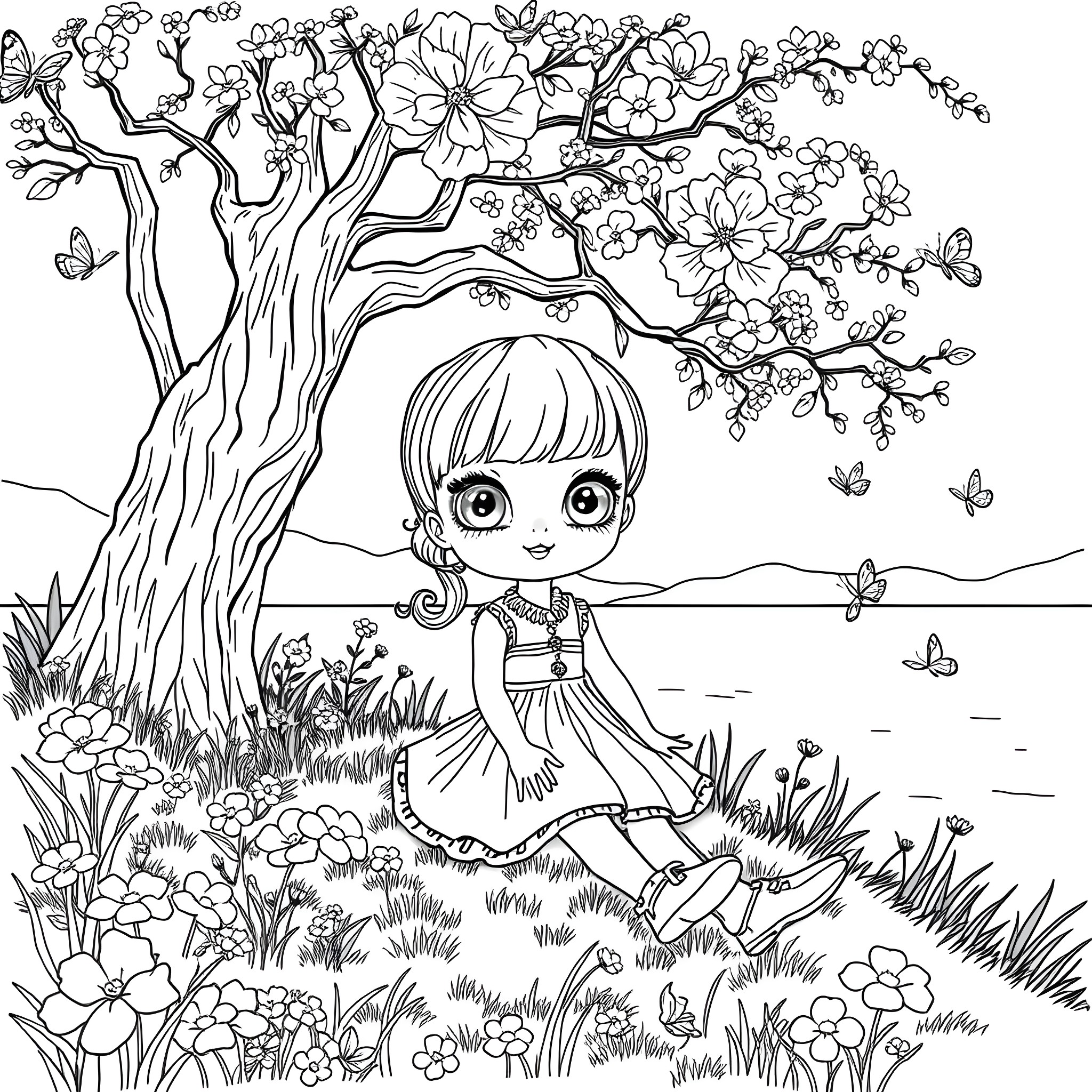 Doll sitting beneath the blooming tree with butterflies Coloring Page (free black-and-white line drawing printable PDF for all, from beginners to advanced learners, including children, teens, adults, and seniors)