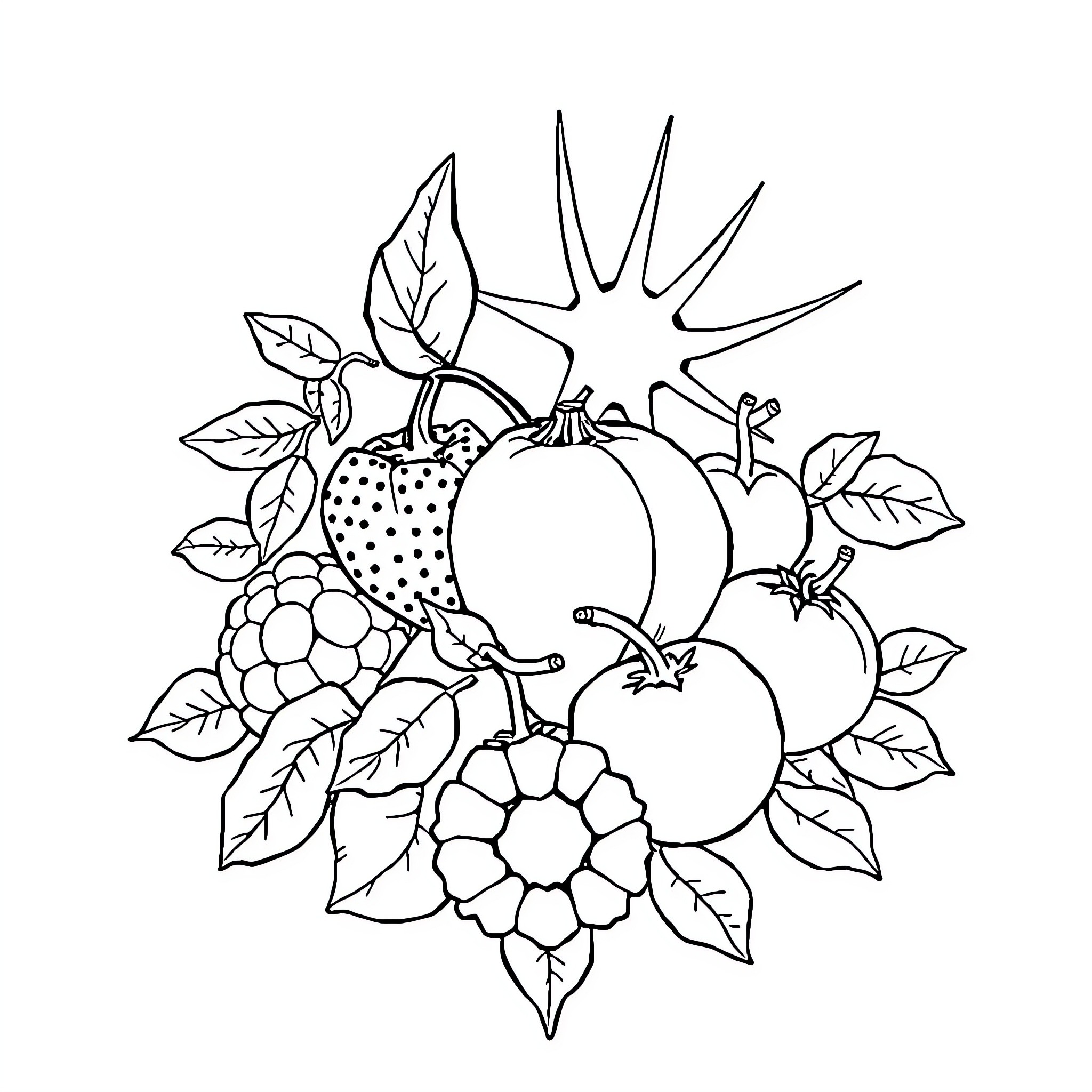 Fruit Arrangement with Floral Accents Coloring Page (free black-and-white line drawing printable PDF for all, from beginners to advanced learners, including children, teens, adults, and seniors)