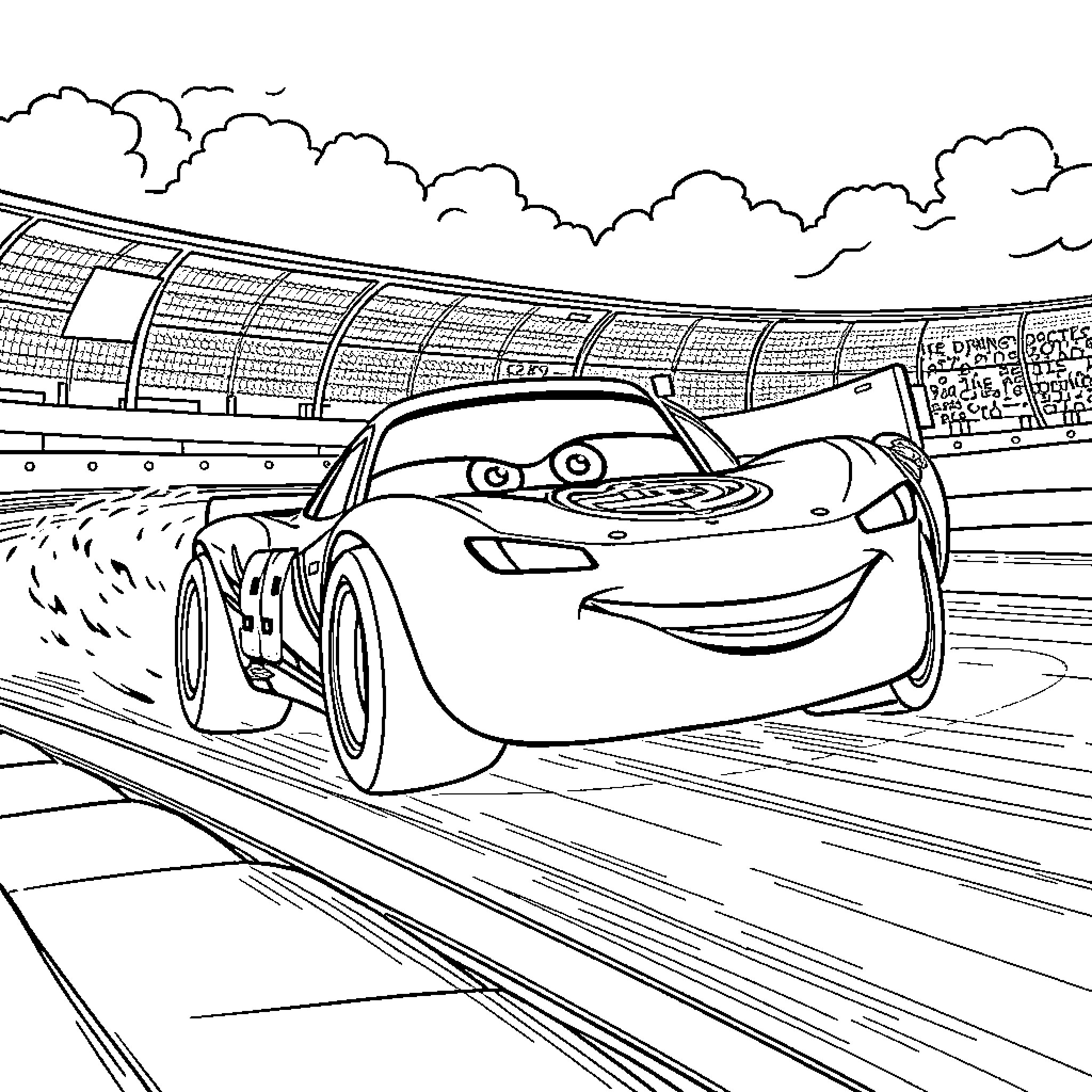 Rayo McQueen racing on the track with excitement Coloring Page (free black-and-white line drawing printable PDF for all, from beginners to advanced learners, including children, teens, adults, and seniors)