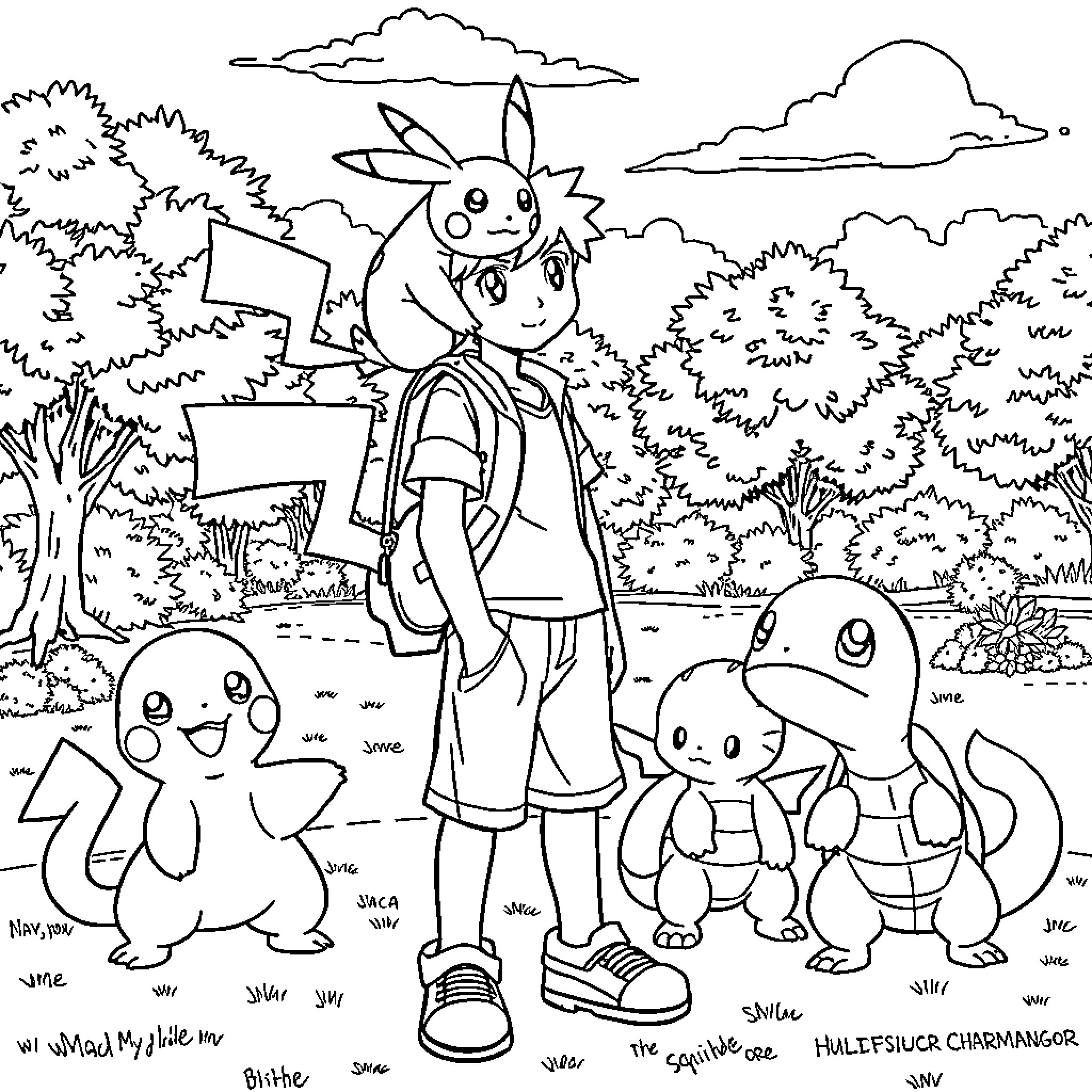 Pokémon Trainer Exploring the Wilderness with Companions Coloring Page (free black-and-white line drawing printable PDF for all, from beginners to advanced learners, including children, teens, adults, and seniors)