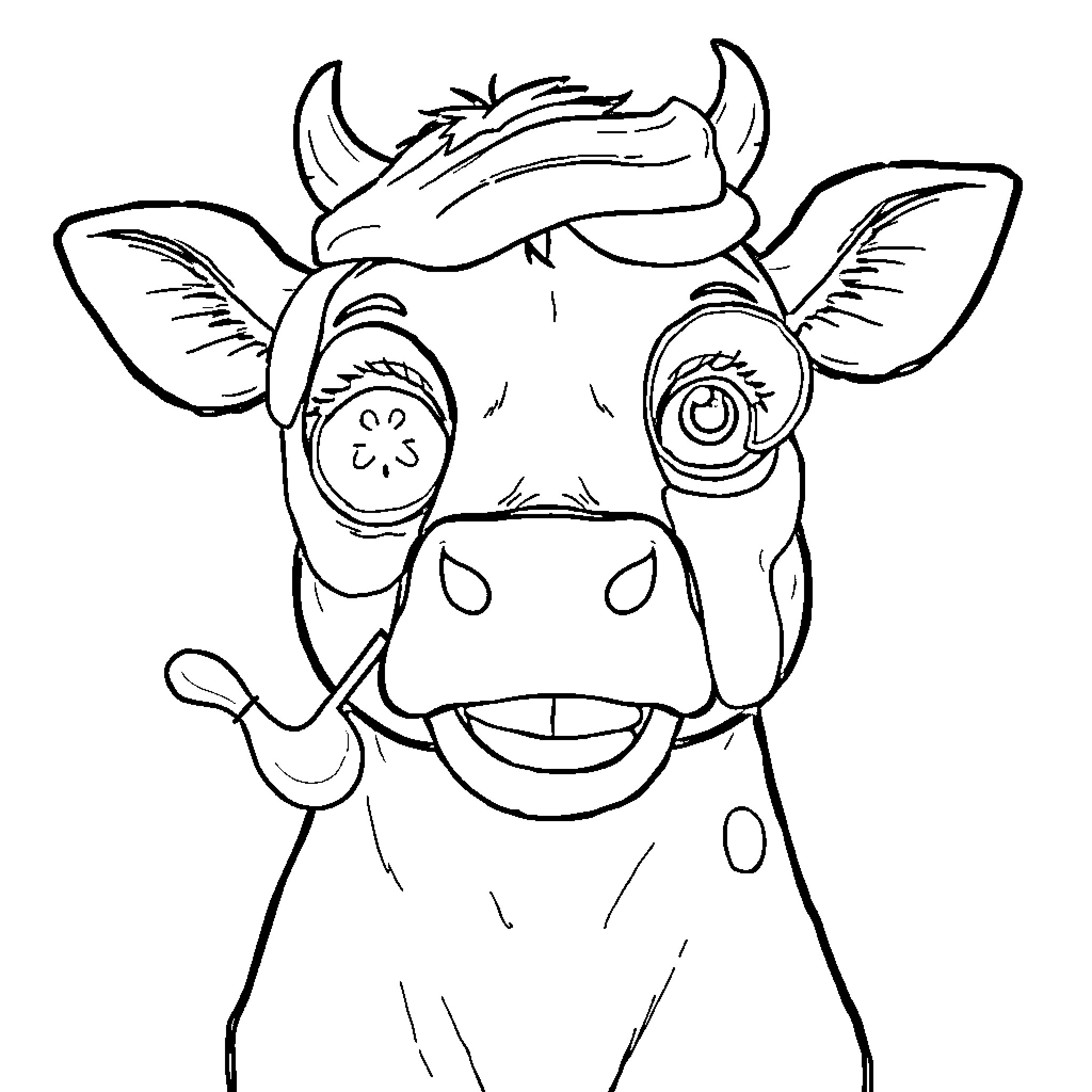 Cow with a funny expression Coloring Page (free black-and-white line drawing printable PDF for all, from beginners to advanced learners, including children, teens, adults, and seniors)