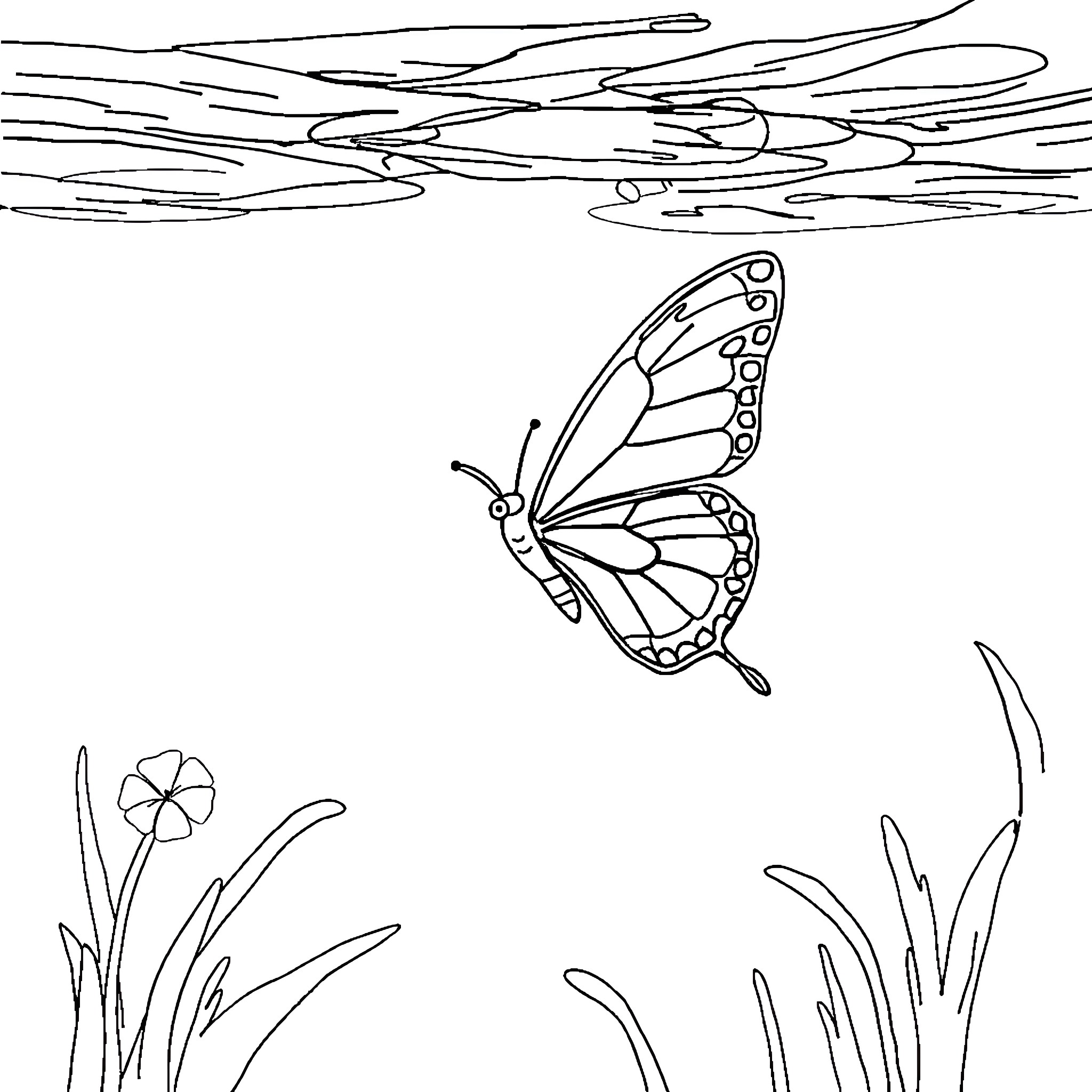 Butterfly soaring through serene landscape Coloring Page (free black-and-white line drawing printable PDF for all, from beginners to advanced learners, including children, teens, adults, and seniors)